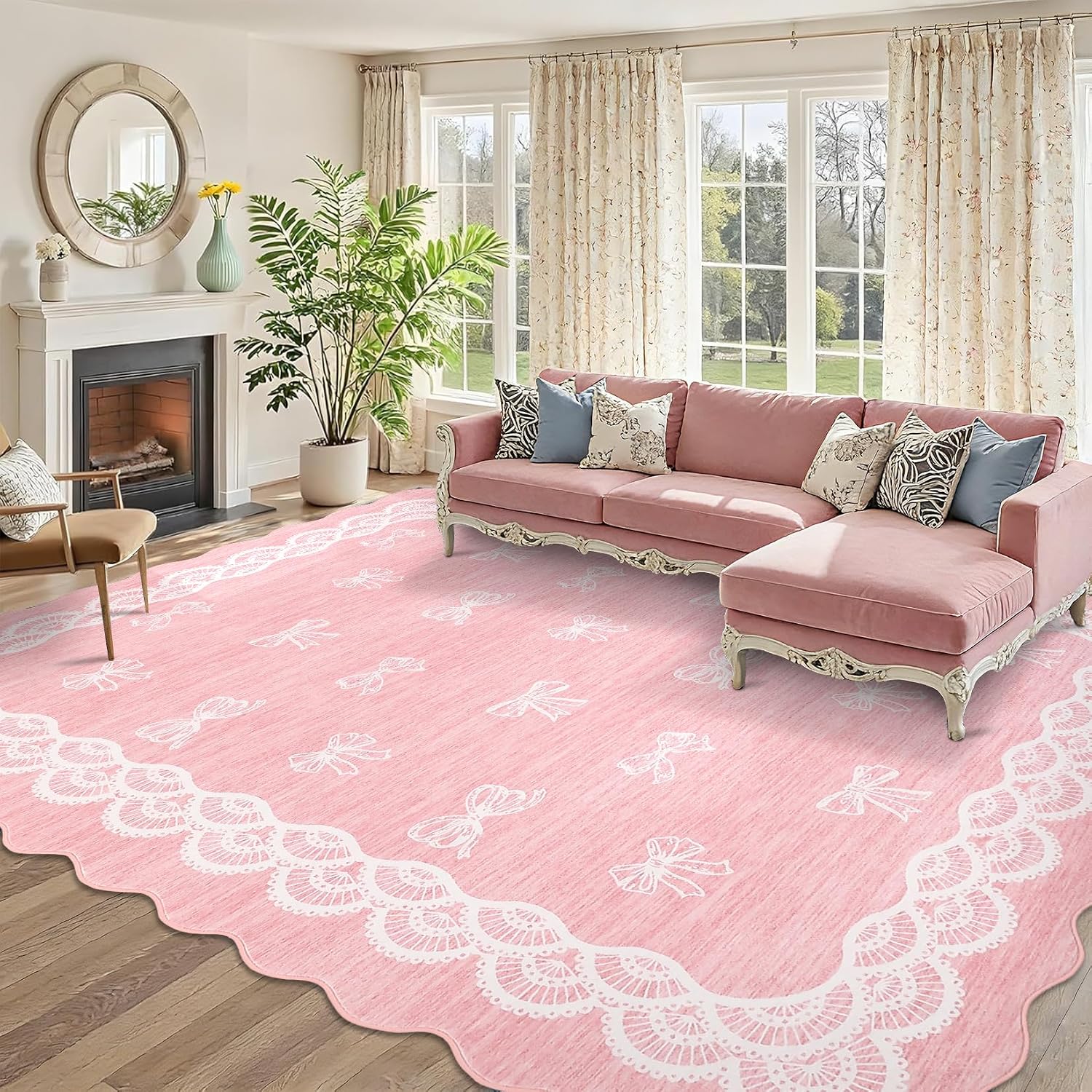 Garvee Scalloped Bow 9x12 Washable Rug for Living Room, Soft Pink Rugs Non-Slip Low Pile Rug Modern Farmhouse Lace Carpet, Stain Resistant Low Pile Floor Cover for Bedroom College Kids Room, Pink