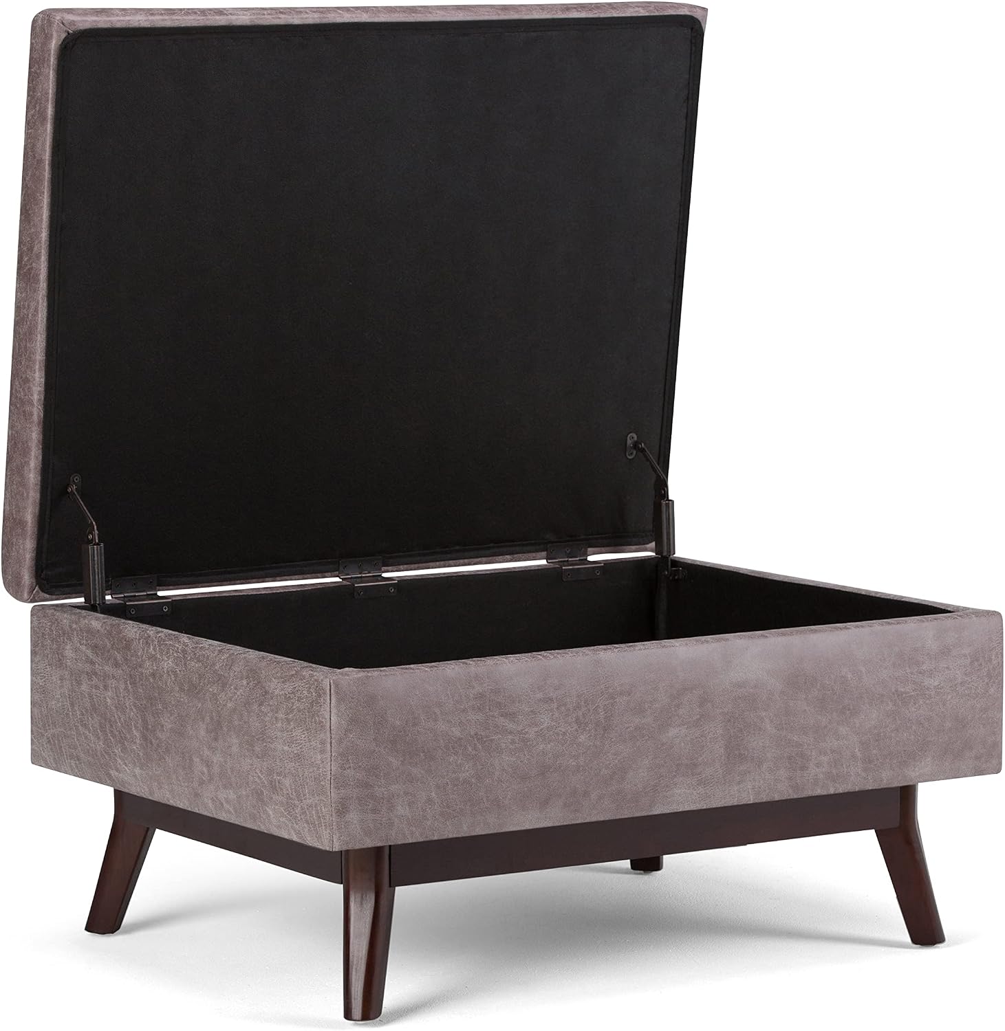 SIMPLIHOME Owen Coffee Table Storage Ottoman - 34' Wide x 19' High Upholstered Vegan Leather Rectangular Lift-Top Ottoman in Distressed Grey Taupe, Mid-Century Modern Bench with Tapered Legs