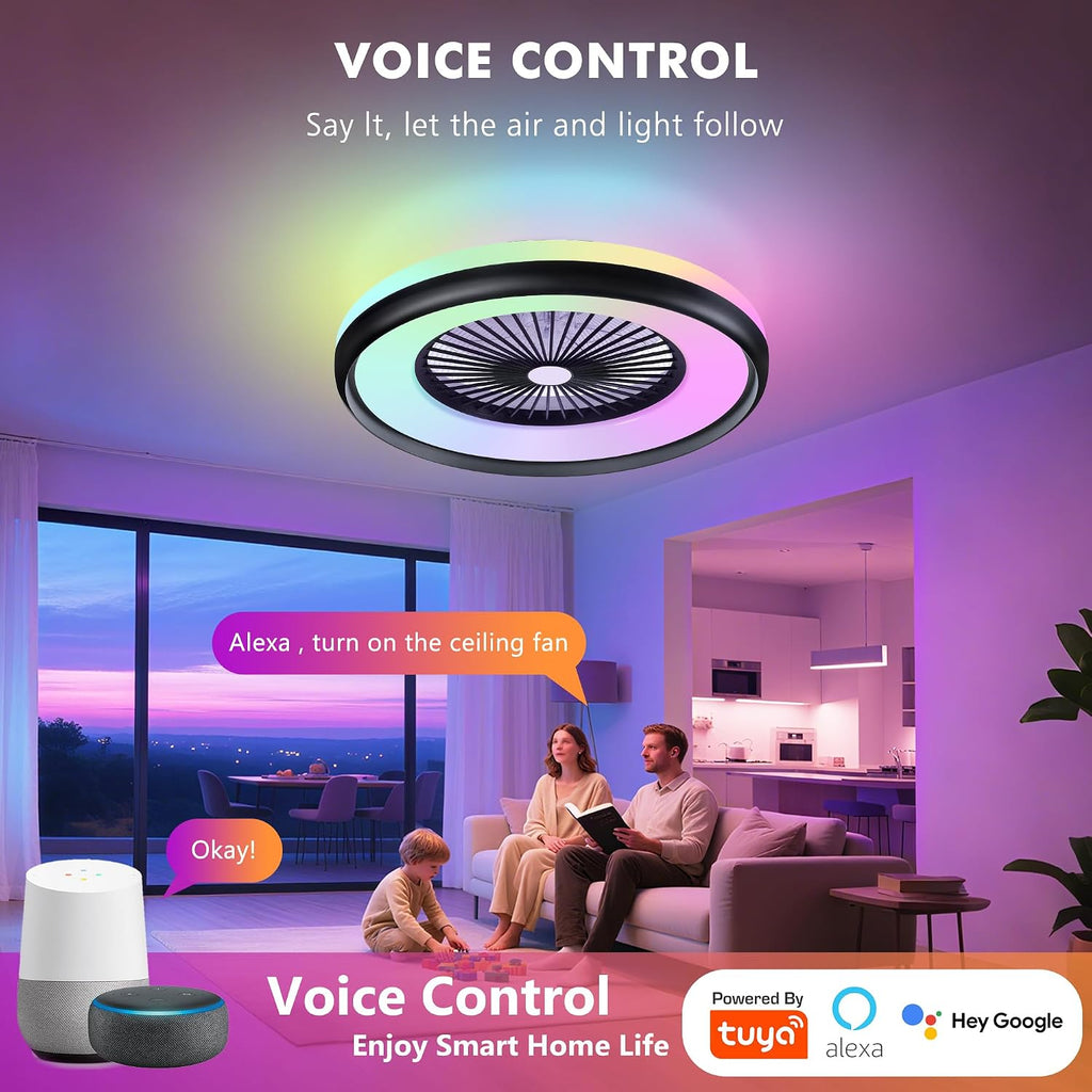 24' Bladeless Ceiling Fans with RGB Light, Low Profile Ceiling Fan with Light, Smart Modern Ceiling Fan with App/Remote/Voice Control, 3 Dimmable LED Light for Bedroom, Living Room Black