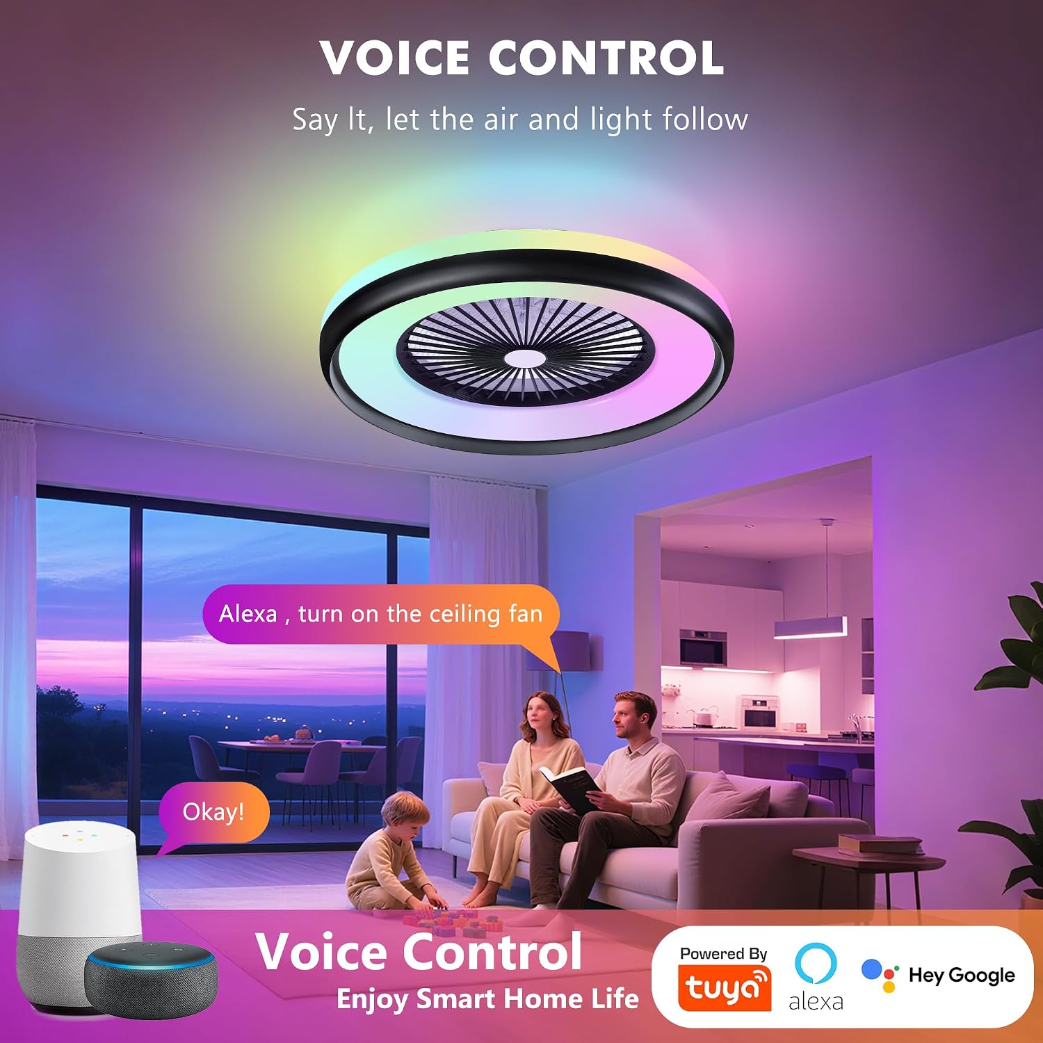 24' Bladeless Ceiling Fans with RGB Light, Low Profile Ceiling Fan with Light, Smart Modern Ceiling Fan with App/Remote/Voice Control, 3 Dimmable LED Light for Bedroom, Living Room Black