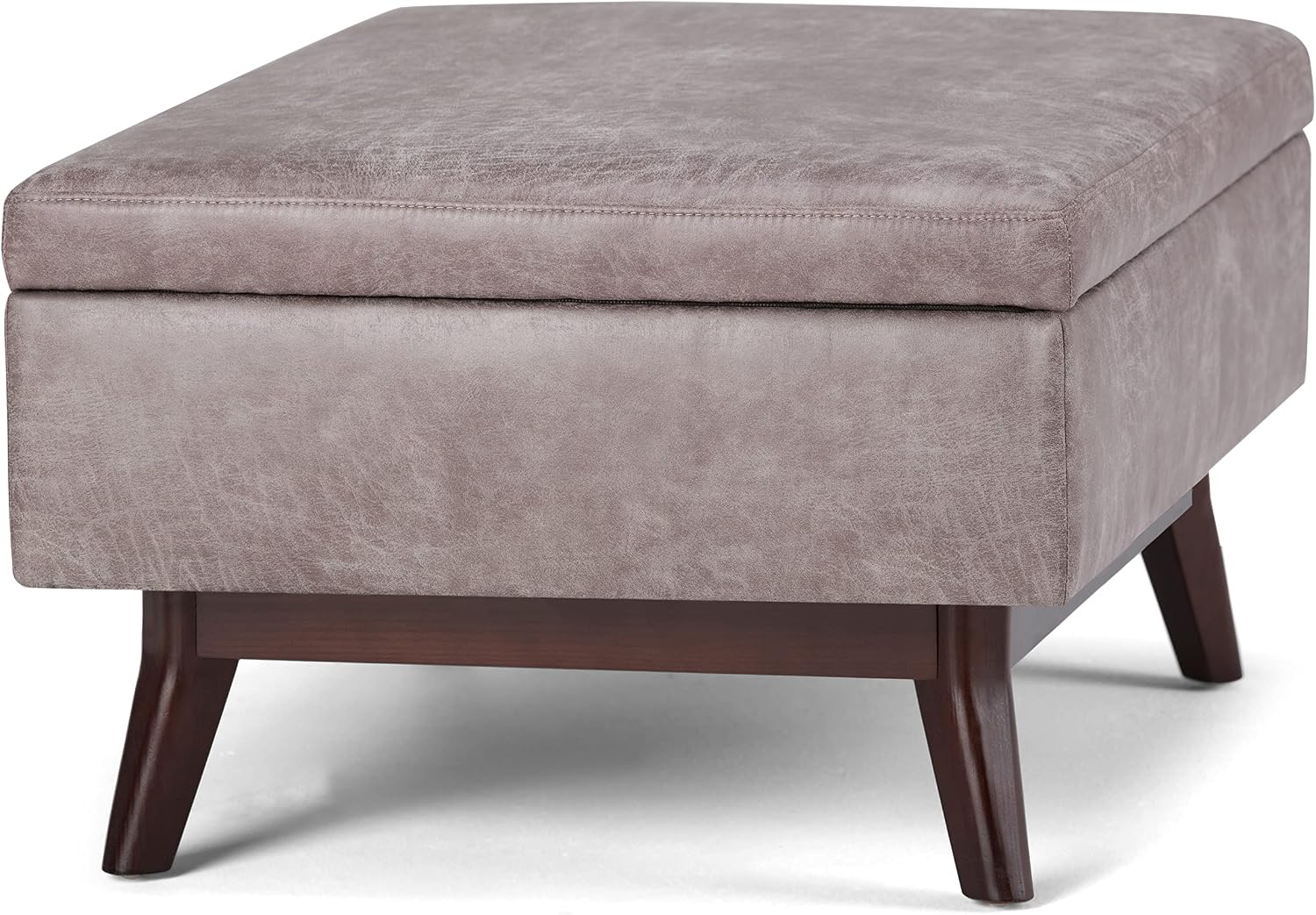 SIMPLIHOME Owen Coffee Table Storage Ottoman - 34' Wide x 19' High Upholstered Vegan Leather Rectangular Lift-Top Ottoman in Distressed Grey Taupe, Mid-Century Modern Bench with Tapered Legs