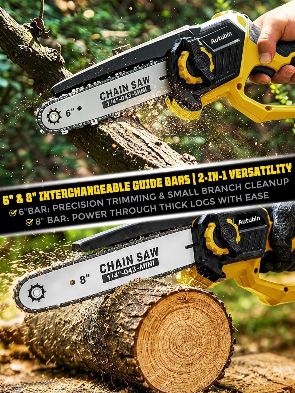8 & 6 Inch Electric Pole Saw, Brushless 2-in-1 Mini Chainsaw and Pole Saw for Tree Trimming, 2x4000mAh Battery Powered, 16 ft Reach, Auto Oiling, Tool-Free Tensioning, Fathers Day Yard Gift