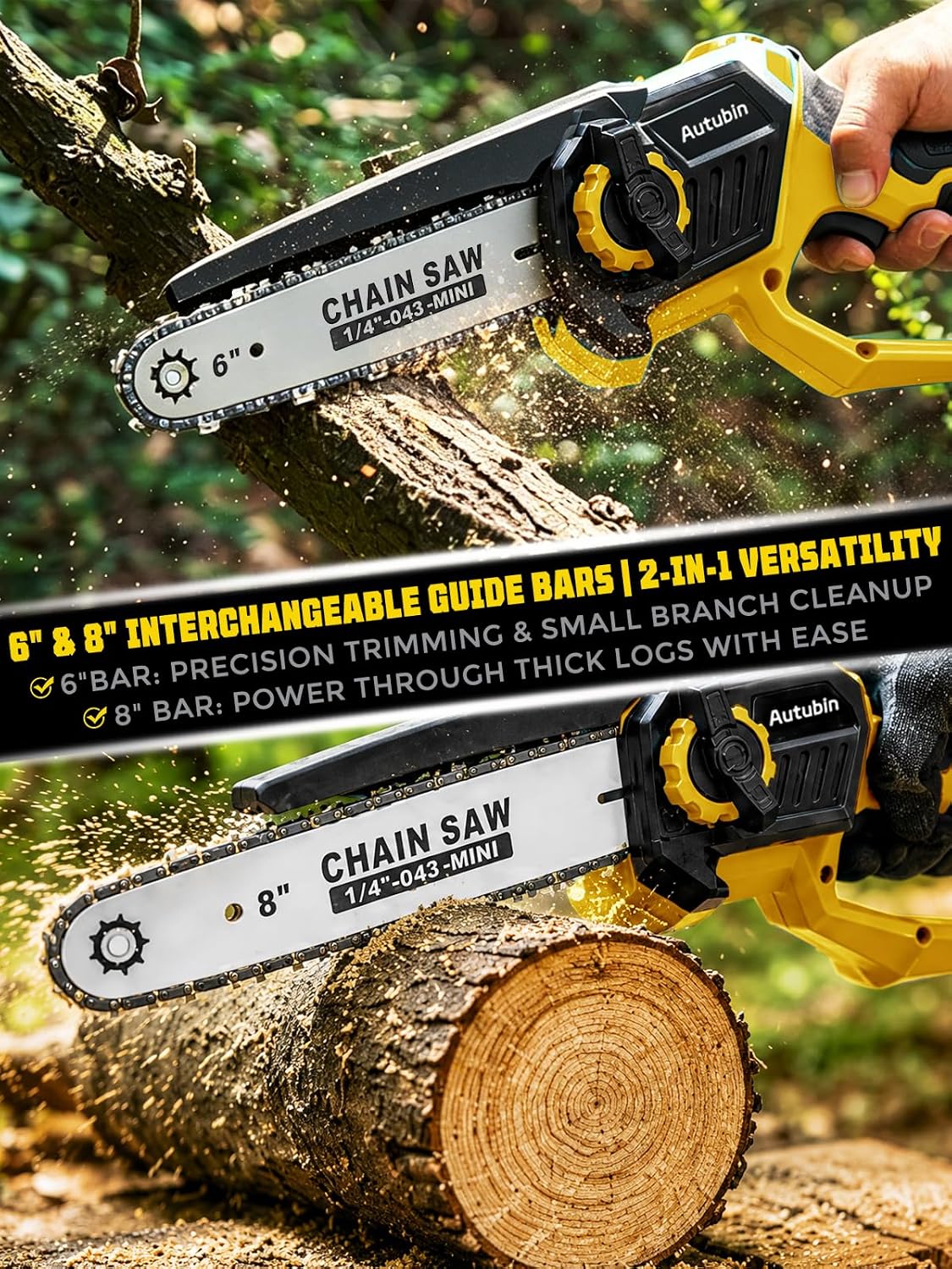 8 & 6 Inch Electric Pole Saw, Brushless 2-in-1 Mini Chainsaw and Pole Saw for Tree Trimming, 2x4000mAh Battery Powered, 16 ft Reach, Auto Oiling, Tool-Free Tensioning, Fathers Day Yard Gift