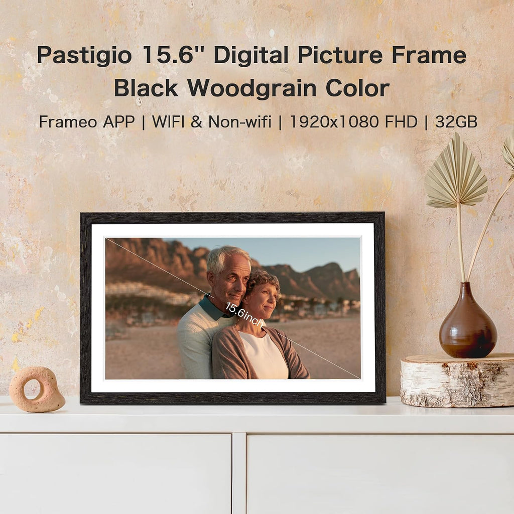 Digital Picture Frame, 15.6 Inch Frameo Digital Frame WiFi, 1920 * 1080 IPS FHD Touchscreen, 32GB, Tabletop&Wall-Mounted, Share Picture Video, Large Electric Photo Frame, Mom Gifts, Black Woodgrain