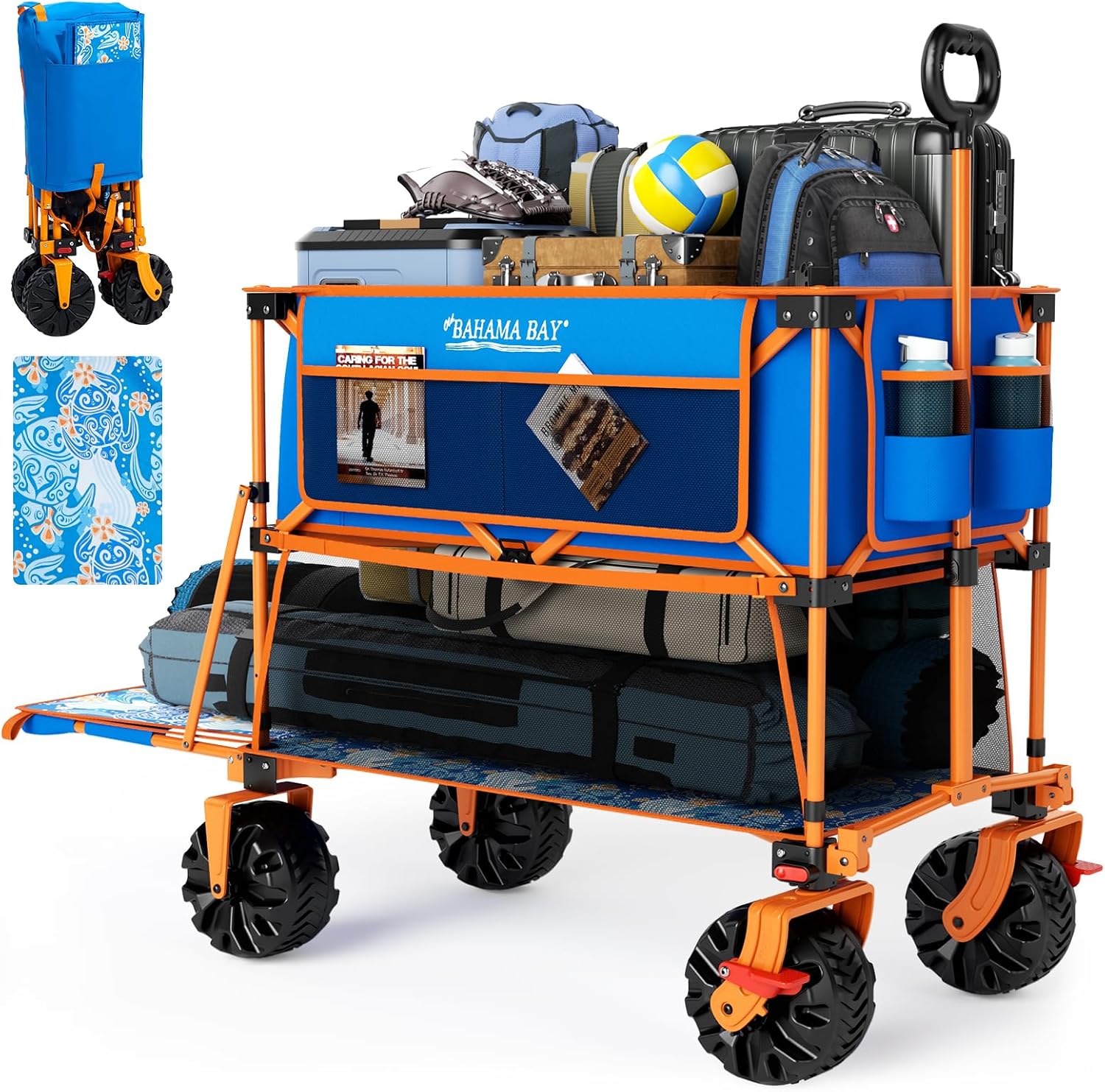 Old Bahama Bay 400L Collapsible Double Decker Beach Wagon with Brakes, Folding Beach Cart with 54' Extra Long Decker, 450LBS Heavy Duty Wagon Chart with All-Terrain Big Wheels for Sand Camping Garden
