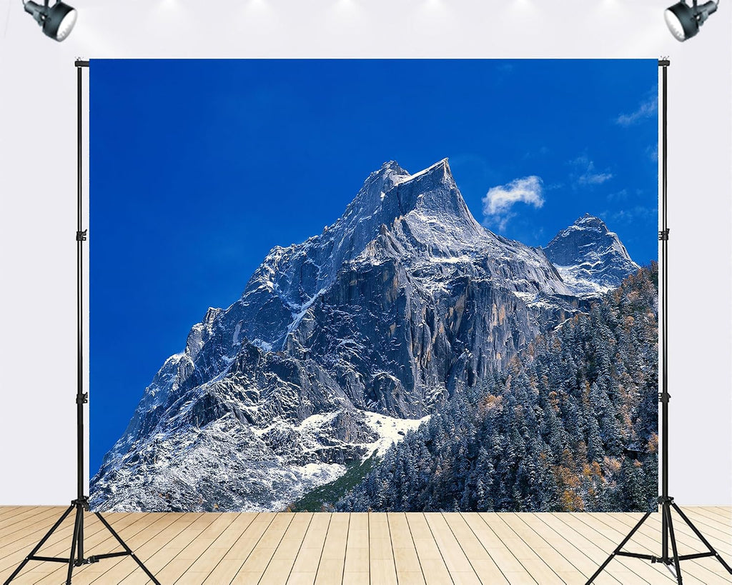 Trykid 20x10ft Jagged Rocky Snow-Capped Peaks Backdrop Clear Blue Sky Lush Dense Forest Majestic Mountain Scene Photography Background Nature Inspired Party Decoration Photo Booth Prop Fabric