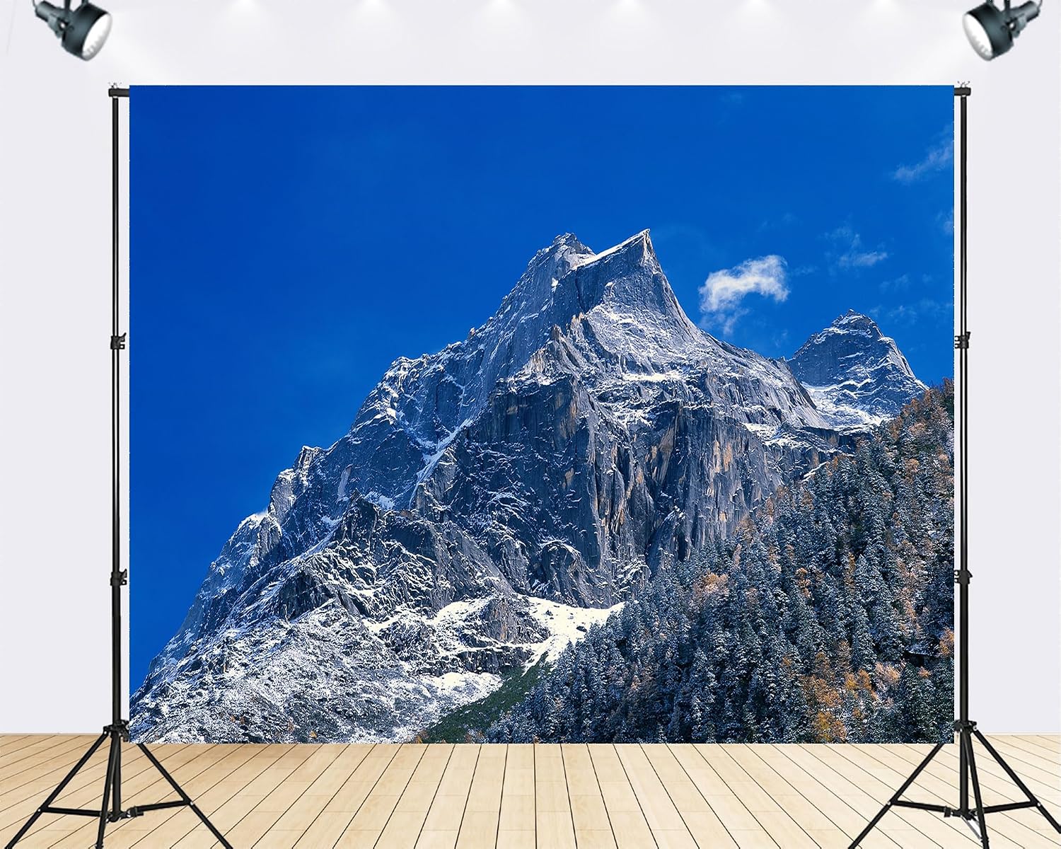Trykid 20x10ft Jagged Rocky Snow-Capped Peaks Backdrop Clear Blue Sky Lush Dense Forest Majestic Mountain Scene Photography Background Nature Inspired Party Decoration Photo Booth Prop Fabric
