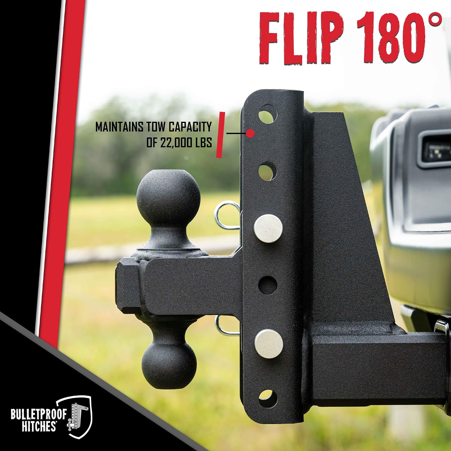 BulletProof Hitches - 2.5' Adjustable Heavy Duty Trailer Hitch (22,000 lb. Rating) - 6' Drop/Rise Trailer Hitch with 2' & 2-5/16' Dual Ball - Powder Coat, Solid Steel, Corrosion-Resistant