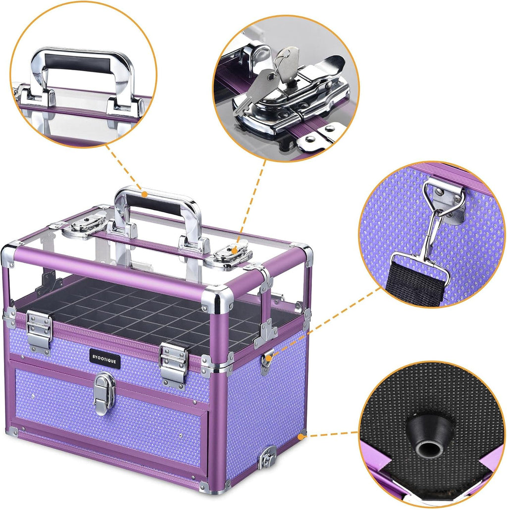 BYOOTIQUE 2in1 Nail Polish Organizer Rolling Makeup Train Case Manicure Cosmetic Trolley Travel Organizer Nail Case with Clear Lid Extendable Trays 4 removable wheels 54 Slots (Purple)
