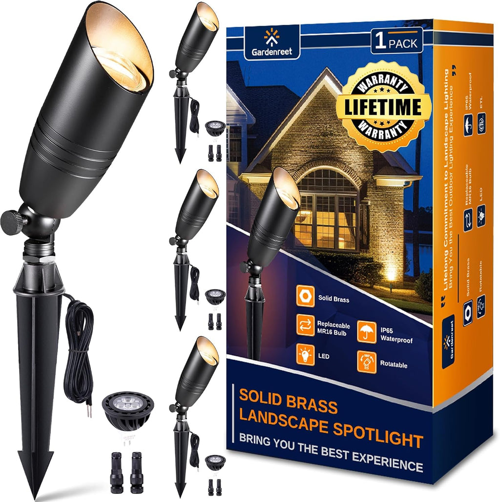 Gardenreet Brass Landscape Lighting - Black Low Voltage Spotlights Outdoor LED, 12V Wired Uplights, Waterproof Spot Lights for Outside Trees with 5W 2700K Warm White MR16 Bulb (4 Pack)