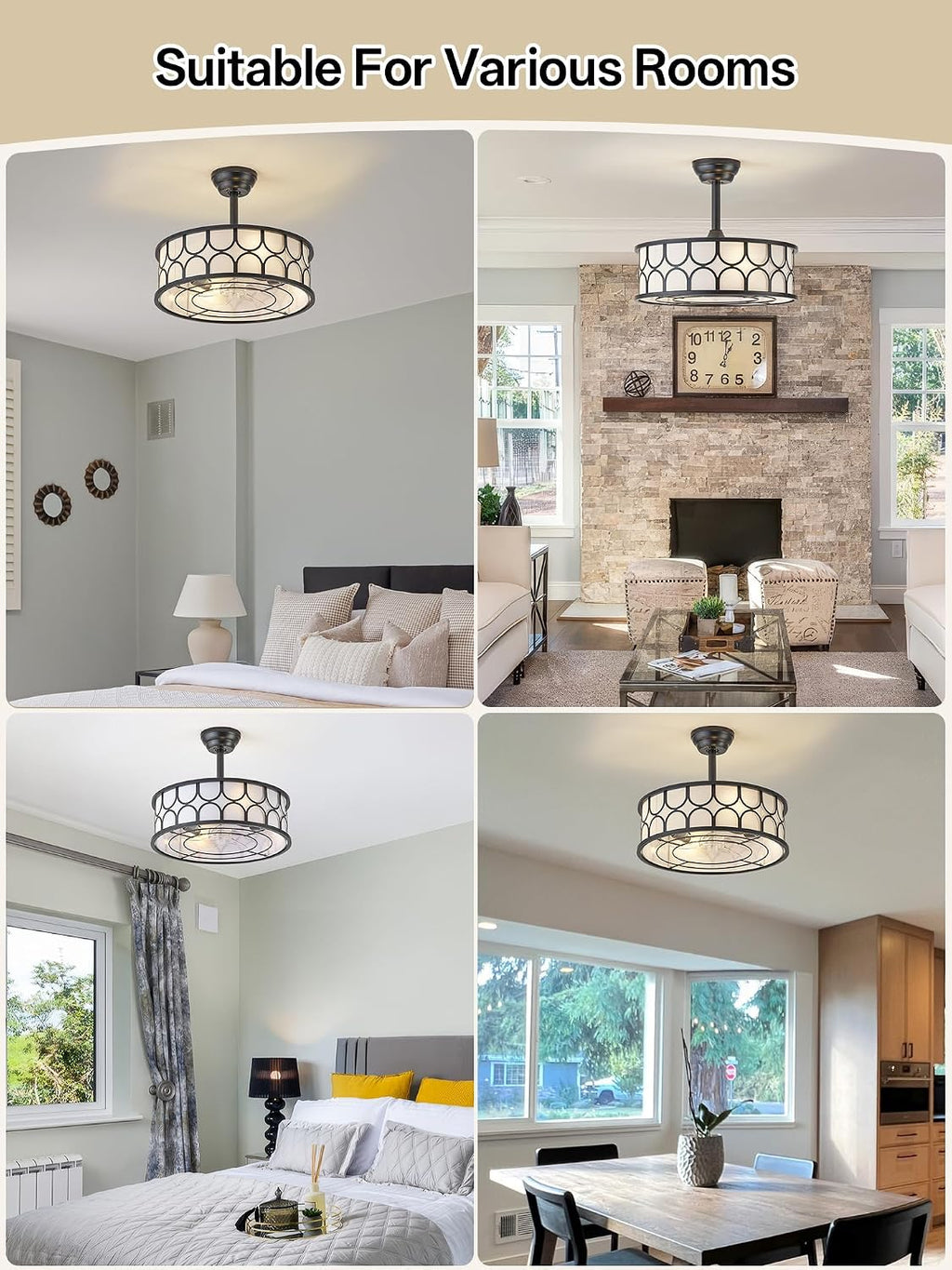 20' Black Boho Fandelier Ceiling Fan with Lights, Caged Bladeless Ceiling Fan with Light Remote Control, Chandelier with 6 Speeds for Bedroom, Nursery, Living Room