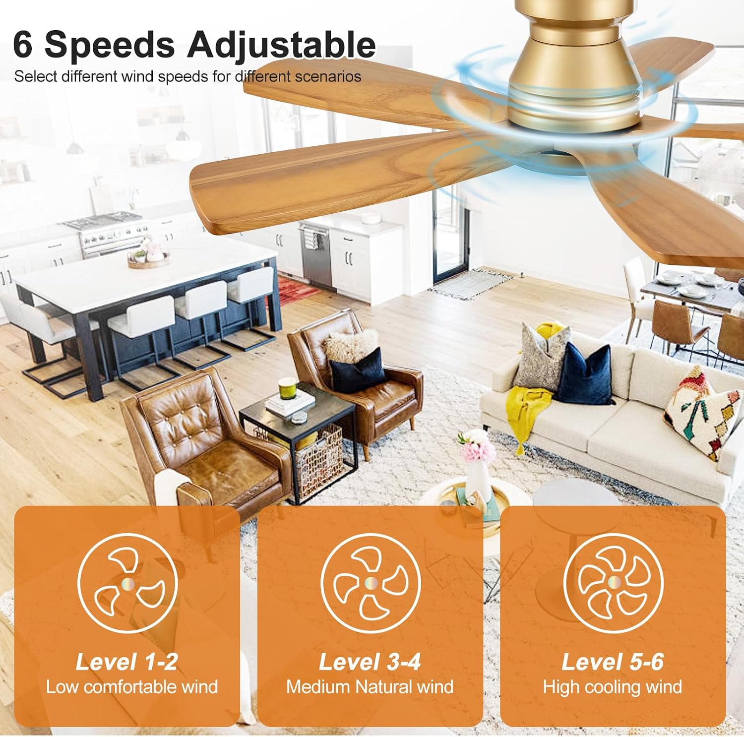 42 Inch Flush Mount Ceiling Fans with Lights and Remote, Dimmable, 5 Blades Wood Ceiling Fan with Light, Low Profile Outdoor Indoor Modern Ceiling Fan for Bedroom Patio (Gold)