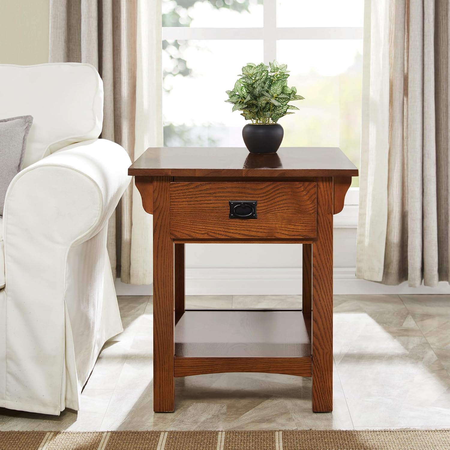 Leick Home Mission End Table, Solid Wood, 1 Storage Drawer, Additional Secret Compartment, Bottom Display Shelf, Easy-Assembly, Medium Oak, 20.0 in. L x 24.0 in. W x 24.0 in. H, 8222-SC