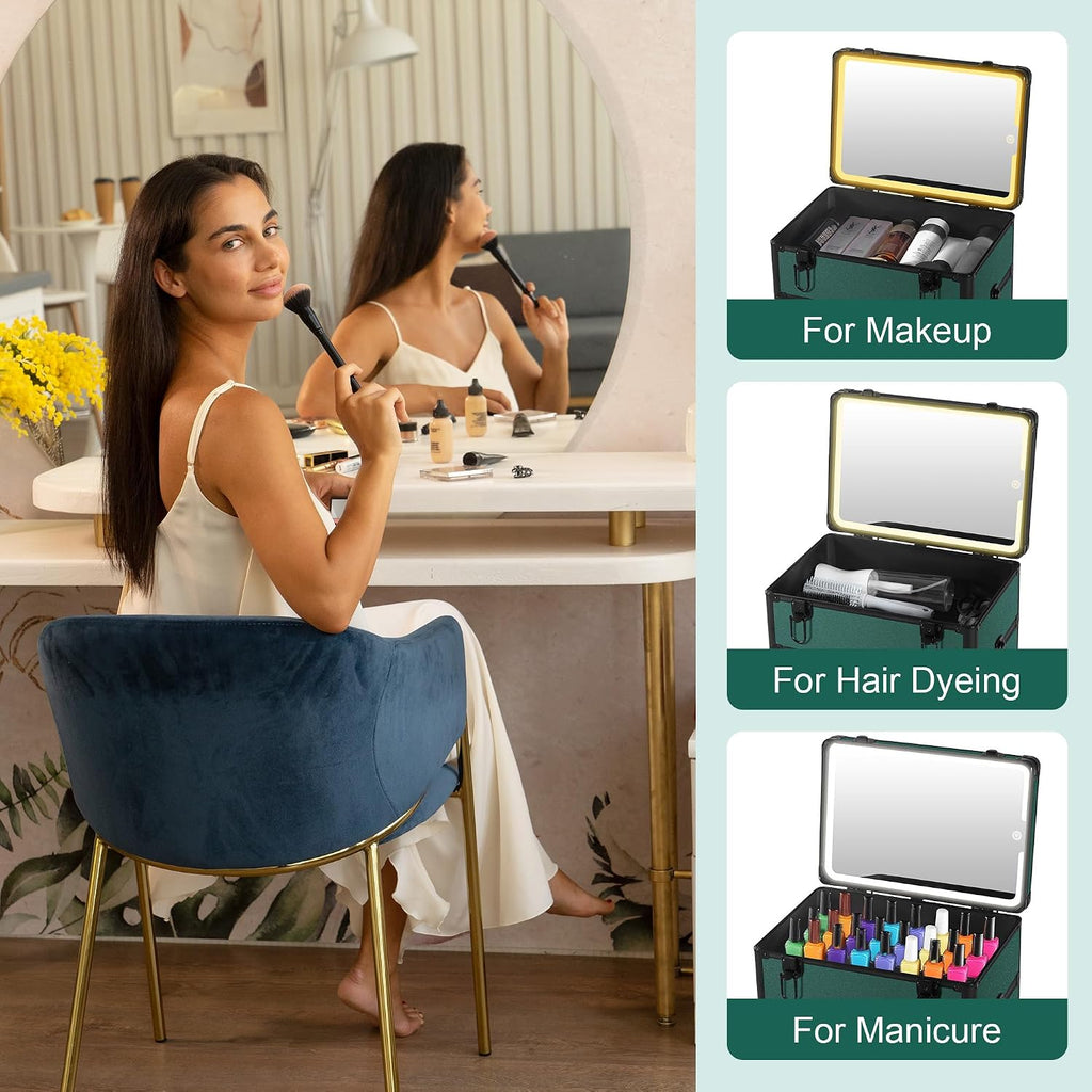 Somduy Makeup Train Case with LED Mirror, Rolling Makeup Case with Drawers, Cosmetology Case on Wheels, Gift, Travel Makeup Organizers, Profesional Cosmetic Case for Salon Barber,Nail,Tattoo,Green