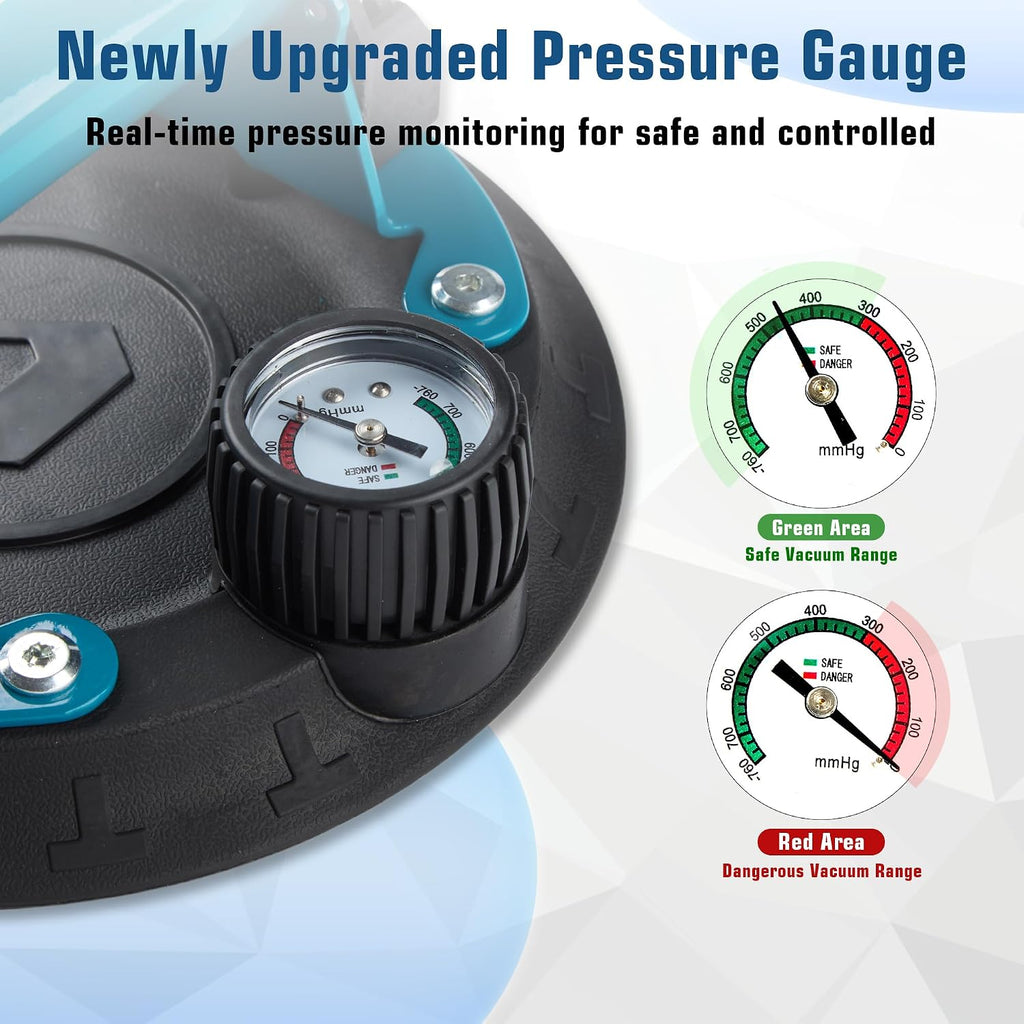 8' Glass Suction Cups with Pressure Gauge, 2 Pack Vacuum Suction Cups with Metal Handle, Heavy Duty Hand-held Suction Cups for Glass & Granite Lifting, 440 lbs Load Capacity with Carrying Case