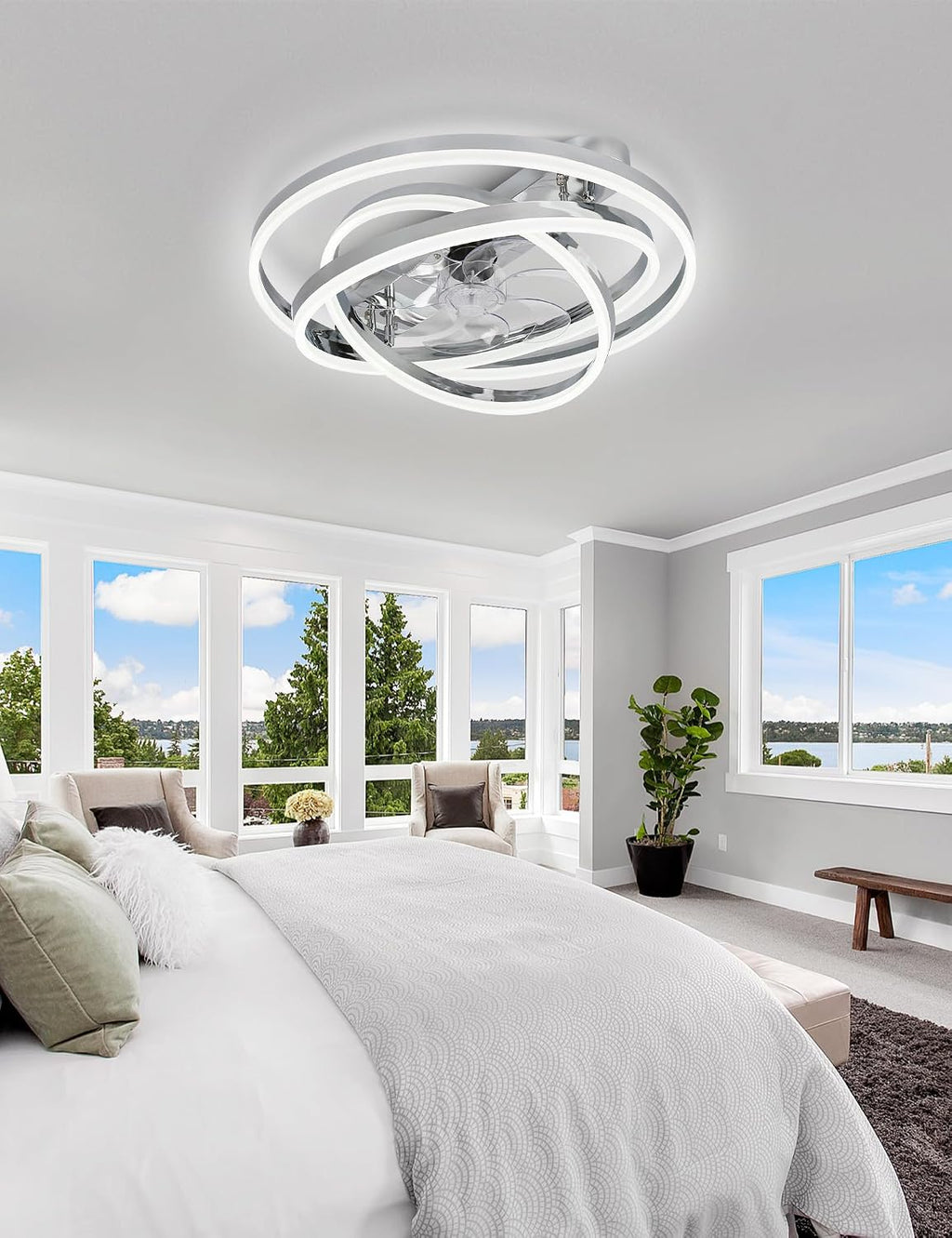Dawn Whisper Ceiling Fans with Lights, 24' Modern Flush Mount Ceiling Fan with Lights,Low Profile Ceiling Fan with Light for Bedroom,Kids Room Silver