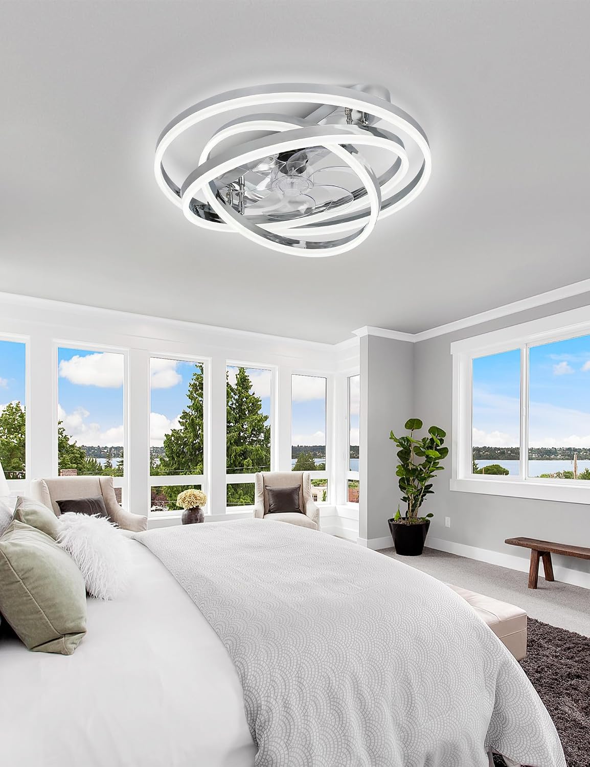 Dawn Whisper Ceiling Fans with Lights, 24' Modern Flush Mount Ceiling Fan with Lights,Low Profile Ceiling Fan with Light for Bedroom,Kids Room Silver