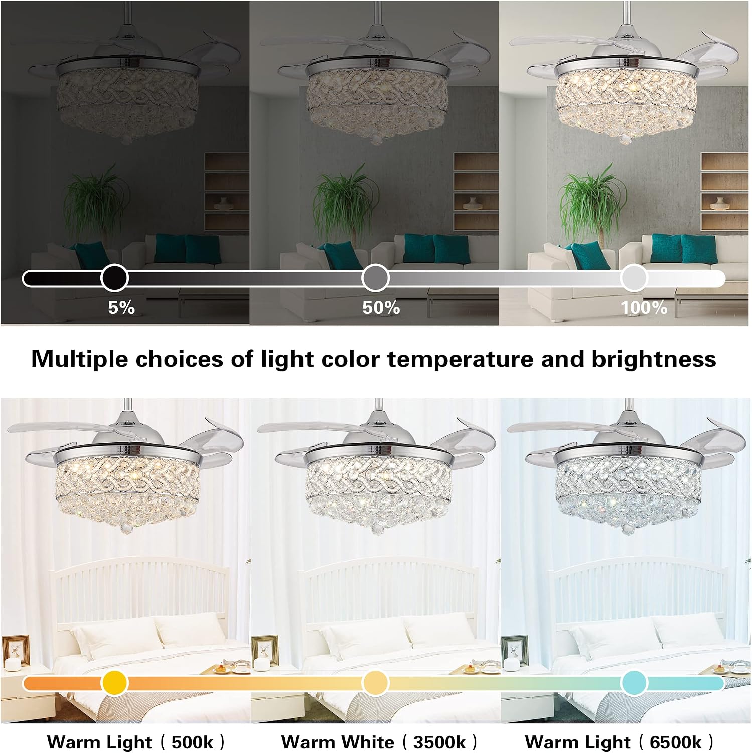 DuMaiWay 36' Dimmable Ceiling Fan Chandelier with Lights and Remote, Fandelier, Crystal Ceiling Fan Retractable Invisible Blade LED Lighting for Bedroom Living Room 6 Speed Chrome