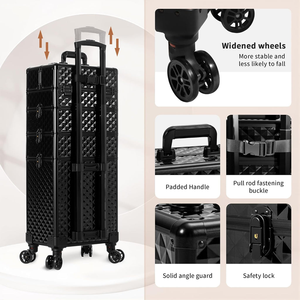 AROUS Rolling Makeup Train Case 4 in 1 Cosmetology Case on Wheels Large Storage Cosmetic Trolley with Key Salon Barber Case Traveling Cart Trunk, Black