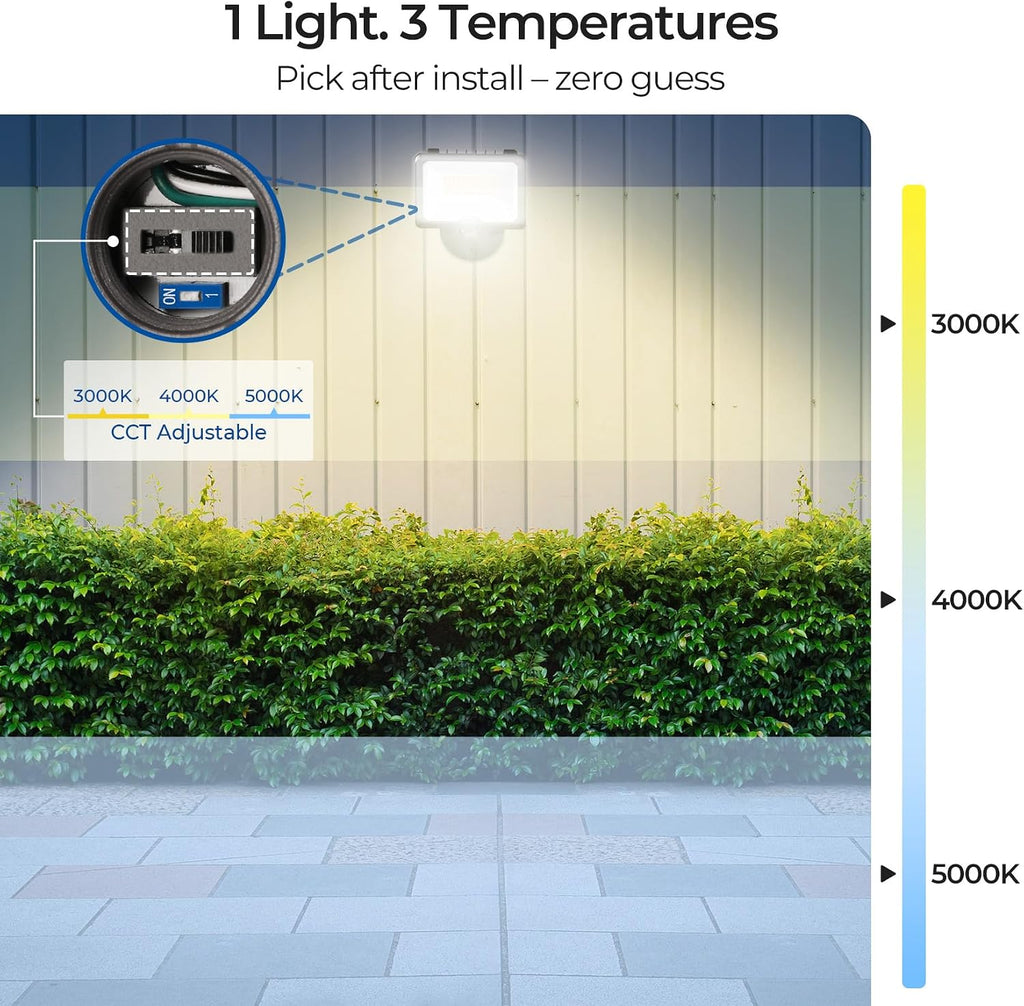 CINOTON 55W LED Flood Light 3CCT (3000K/4000K/5000K), 7700LM Dusk-to-Dawn Photocell Outdoor Security Lighting, 120V IP65 Aluminum Wall Pack for Porch/Barn, 180° Knuckle Mount, 2 Modes, ETL, 4 Pack