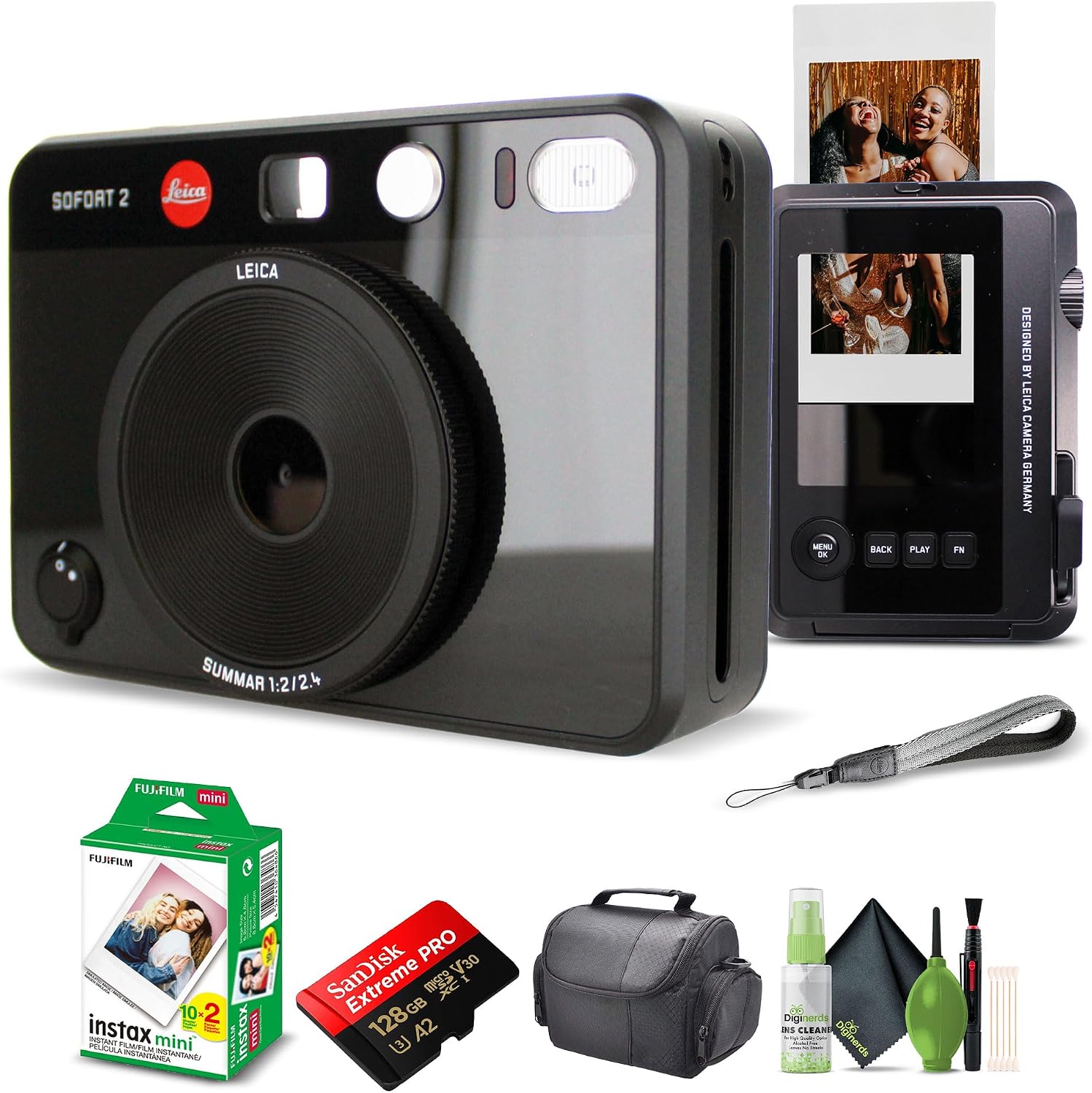Leica Sofort 2 Hybrid Instant Photo Film and Digital Camera (Black) (19190) with LCD Display Bundle with Fujifilm Instant Film 20 Sheets + 128 GB Memory Card + Bag + Cleaning Kit