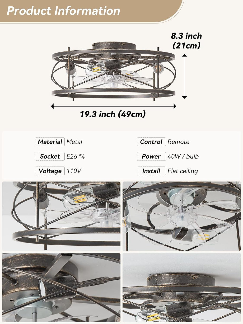 20' Rustic Ceiling Fan with Light Flush Mount, Farmhouse Caged Ceiling Fans with Lights and Remote, Bladeless Low Profile Ceiling Fan with 6 Speeds for Bedroom, Living Room, Nursery