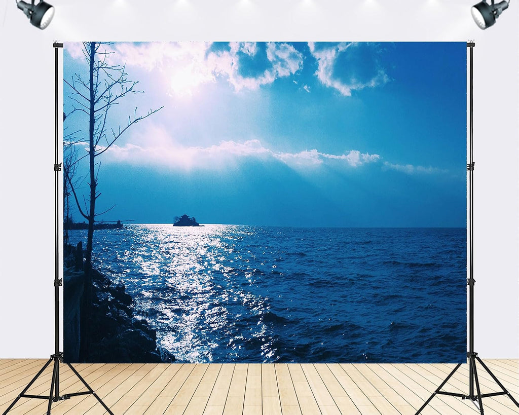 Trykid 20x10ft Blue Sea Sun Glow Island Backdrop Shimmering Waterfront Scenery Clear Sky Coastal Landscape Photography Background Home Leisure Activity Party Decoration Photo Booth Prop Fabric