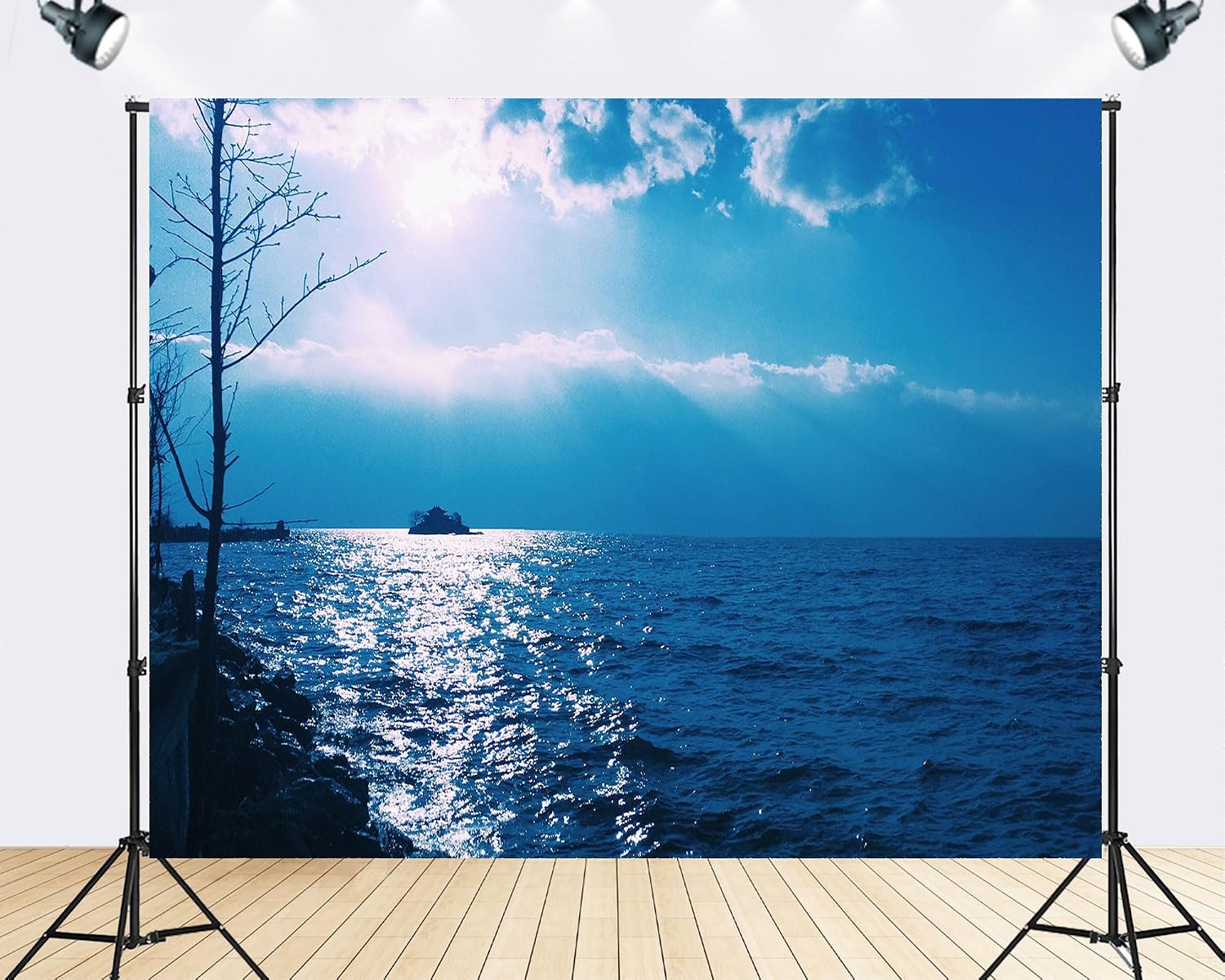 Trykid 20x10ft Blue Sea Sun Glow Island Backdrop Shimmering Waterfront Scenery Clear Sky Coastal Landscape Photography Background Home Leisure Activity Party Decoration Photo Booth Prop Fabric