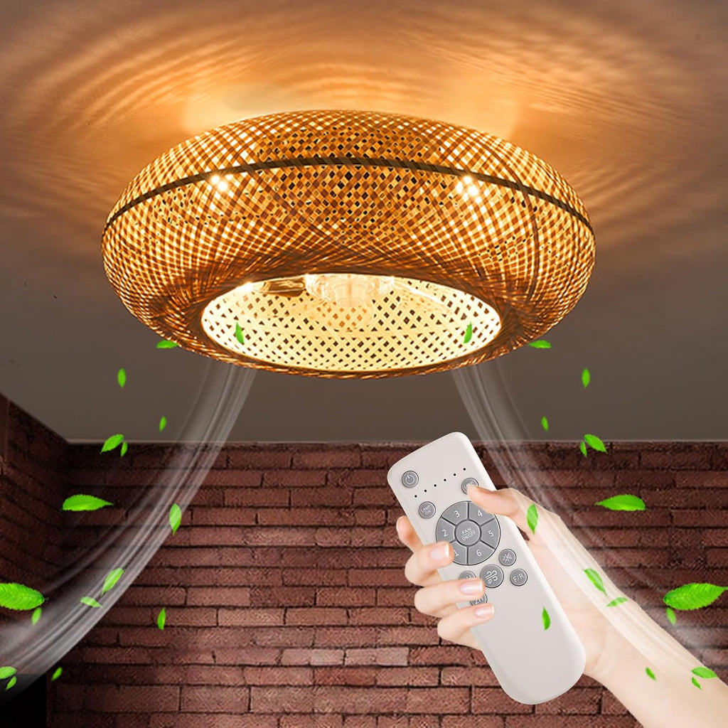 20' Boho Cage Ceiling Fan with Light and Remote Control, Low Profile Bamboo Ceiling Fan, Enclosed Timing 6 Speeds Reversible, for Bedrooms, Living Rooms, Kitchens, Farmhouses