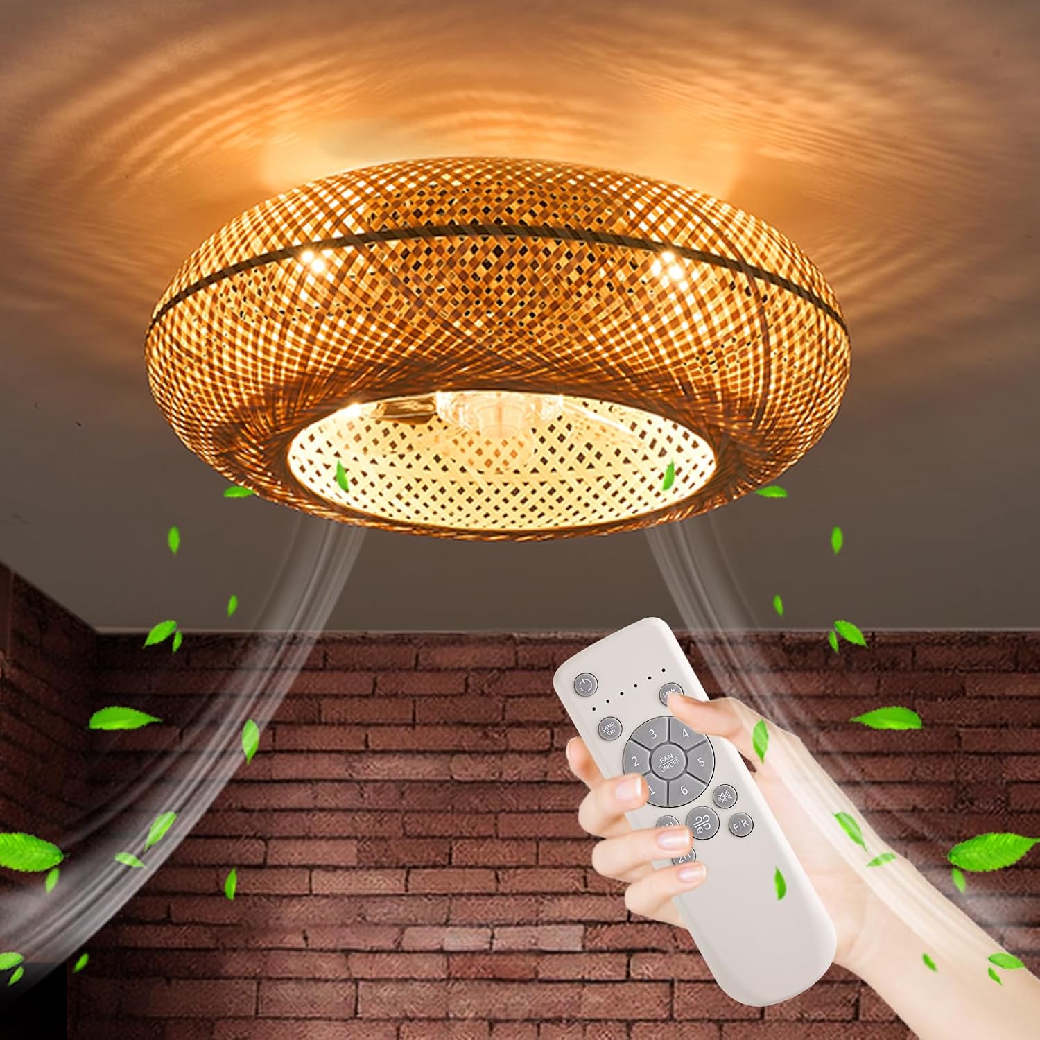20' Boho Cage Ceiling Fan with Light and Remote Control, Low Profile Bamboo Ceiling Fan, Enclosed Timing 6 Speeds Reversible, for Bedrooms, Living Rooms, Kitchens, Farmhouses