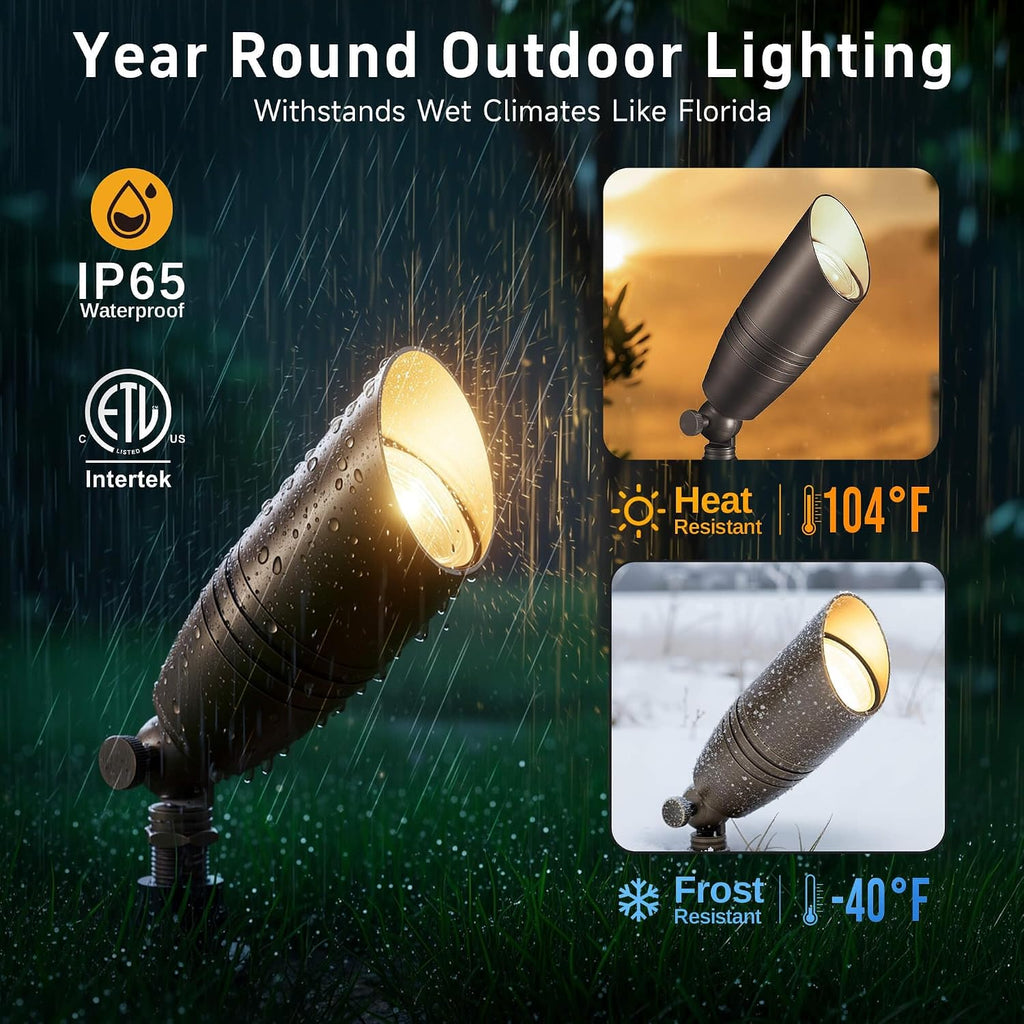 Gardenreet Brass Landscape Lighting - Low Voltage Spotlights Outdoor LED, 12V Wired Uplights, Waterproof Spot Lights, Bronze for Outside Trees with 5W 4000K Natural White MR16 Bulb (4 Pack)