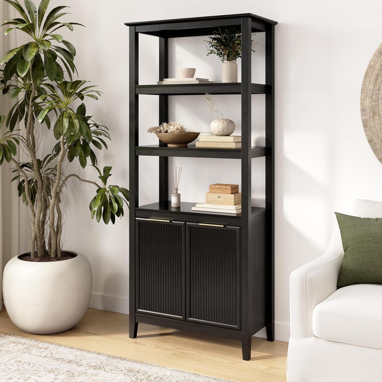 Bush Home 5 Shelf Bookcase with Doors, Fluted Tall Bookshelf Storage Cabinet with Open Shelves and Closed Storage for Living Room, Bedroom or Home Office Display, Camille Collection, Onyx Birch