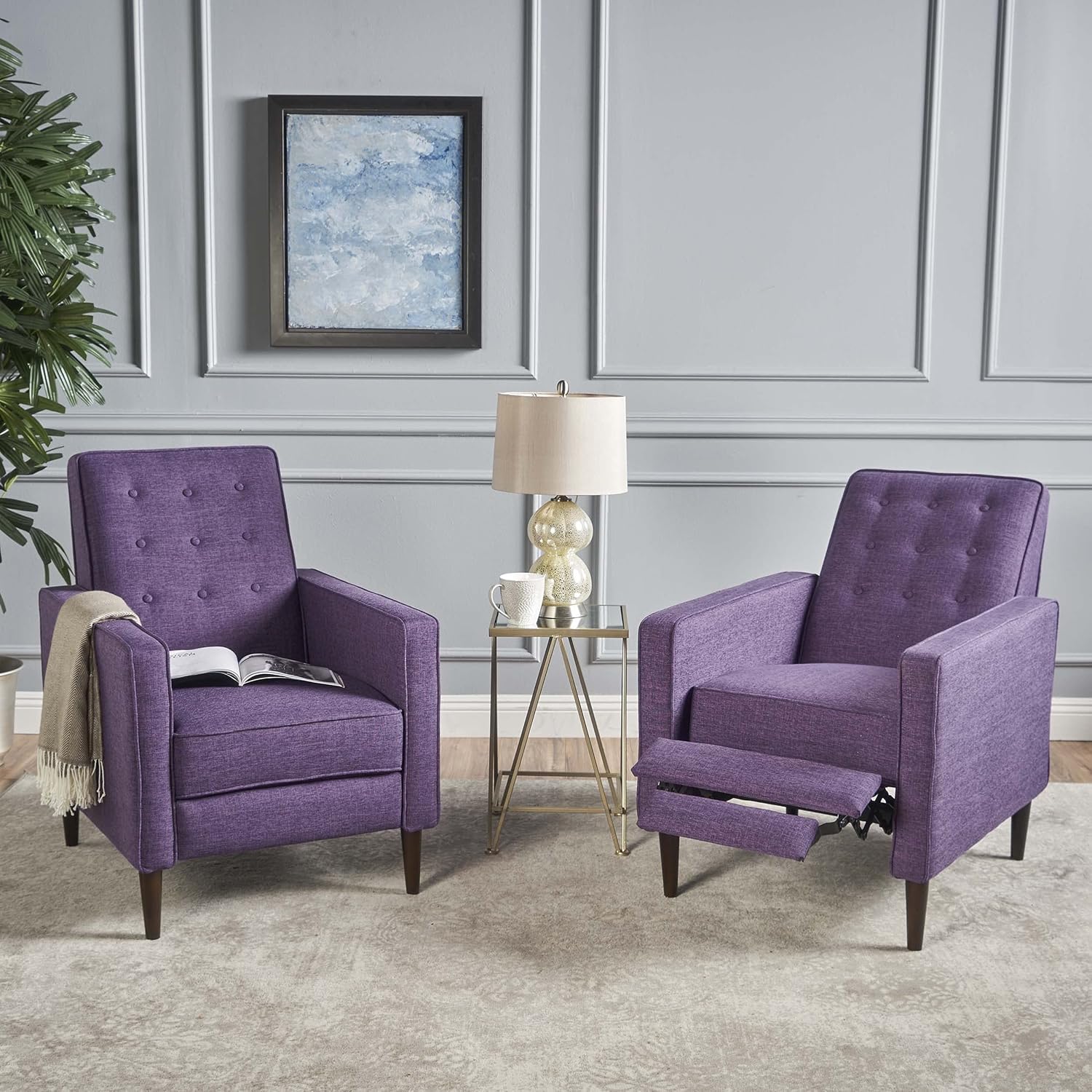 GDFStudio Christopher Knight Home Mervynn Mid-Century Modern Fabric Recliners, 2-Pcs Set, Muted Purple / Dark Espresso