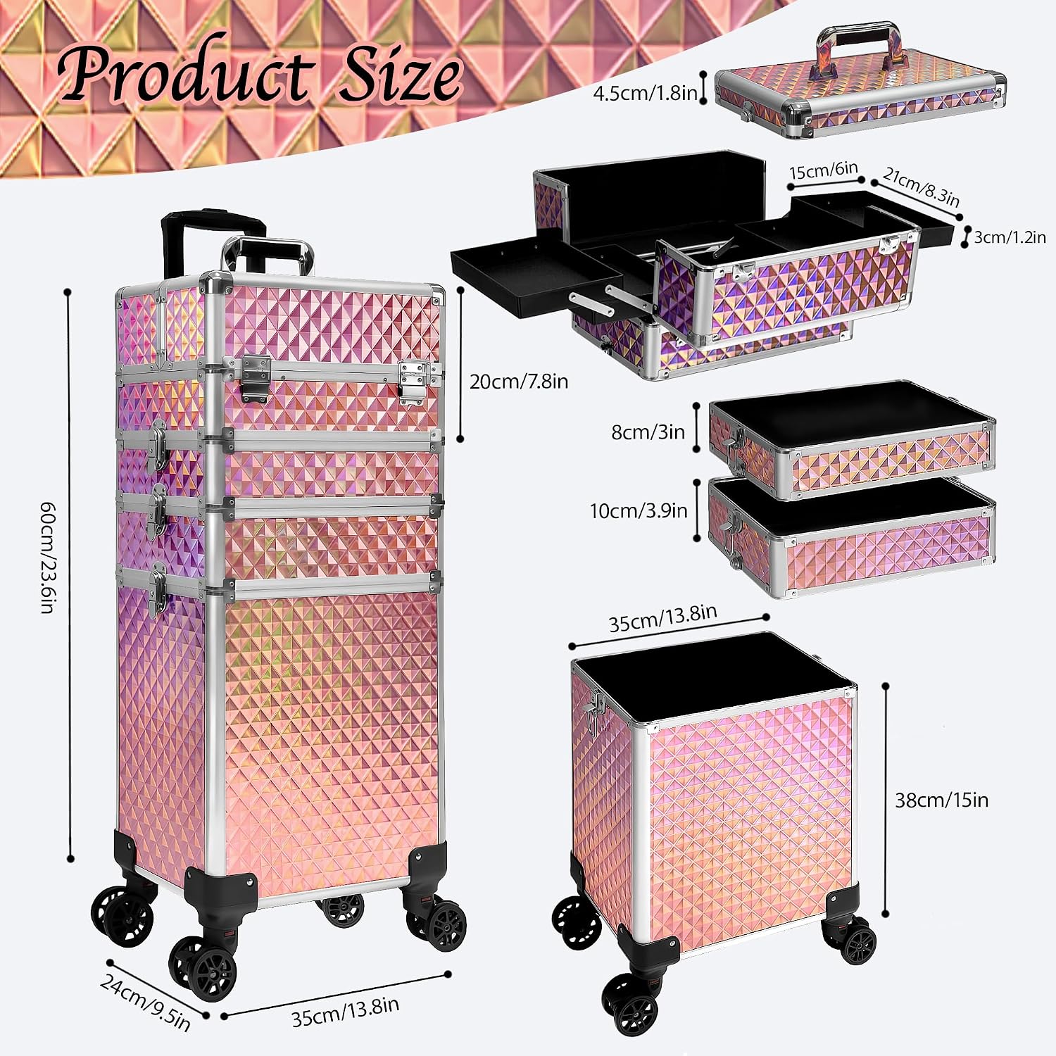 5 in 1 Rolling Makeup Train Case on Wheels Large Cosmetic Organizer Travel Cart for Women Beauty Salon Barber Hairstylist Pink