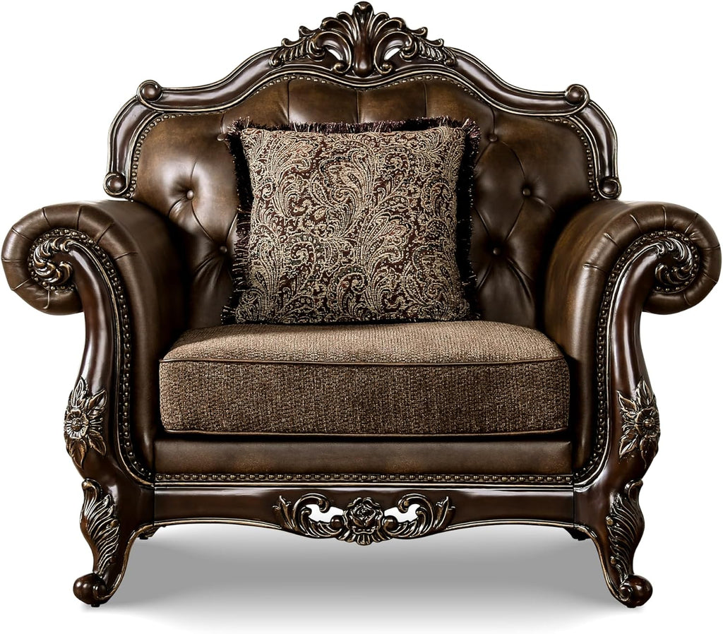 Furniture of America Grant Faux Leather 52-inch 1-Seater Chair with Button Tufted Back and Nailhead Trim, Accent Pillows Included & Carved Details for Living Room, Home Office, Brown