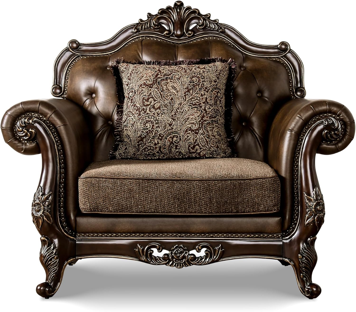 Furniture of America Grant Faux Leather 52-inch 1-Seater Chair with Button Tufted Back and Nailhead Trim, Accent Pillows Included & Carved Details for Living Room, Home Office, Brown