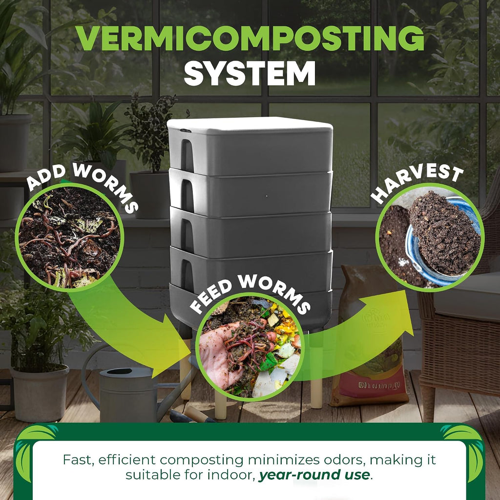 FCMP Outdoor - The Essential Living Composter, 4-Tray Worm Vermicomposter Bin, Grey