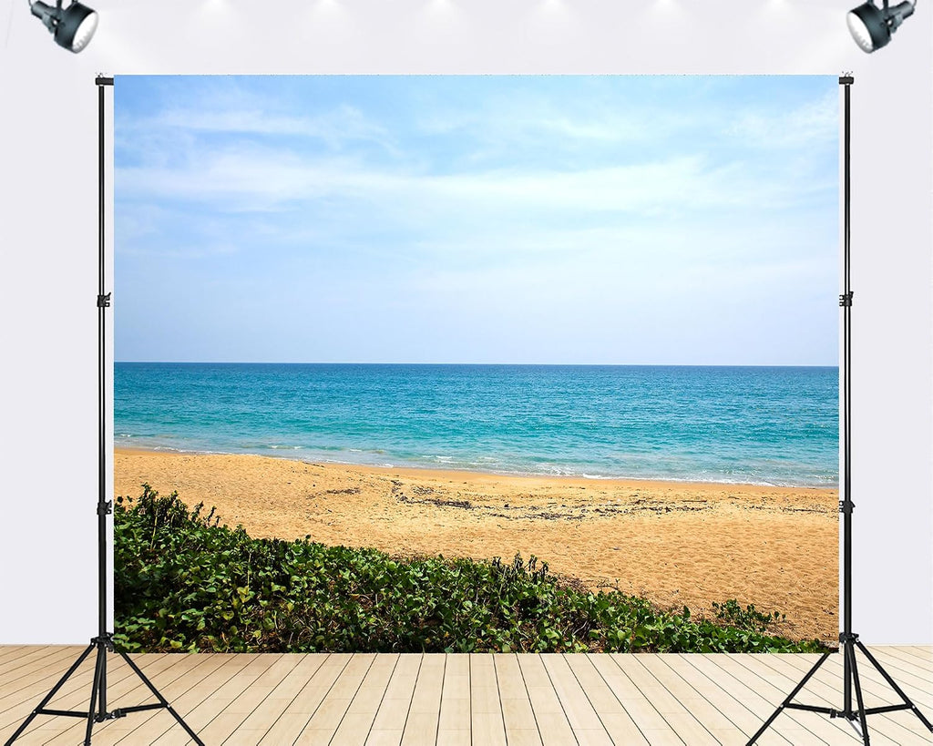 Trykid 20x10ft Turquoise Ocean Golden Sand Backdrop Green Coastal Foliage Clear Sky Photography Background Summer Vacation Relax Shoot Tapestry Party Decoration Photo Booth Studio Prop Fabric
