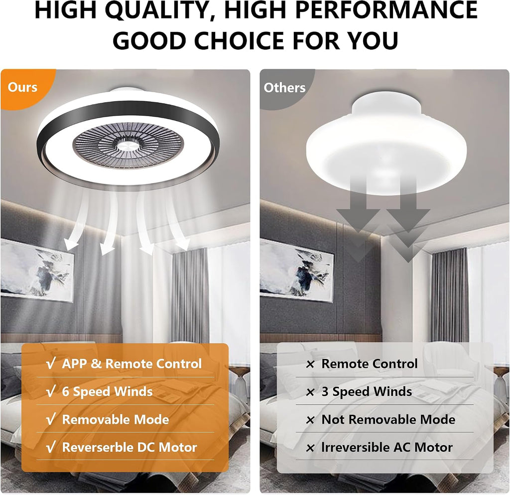 24' Low Profile Ceiling Fan with RGB Lights, Bladeless Ceiling Fan with Remote/APP/Voice Control, 6 Speeds Flush Mount