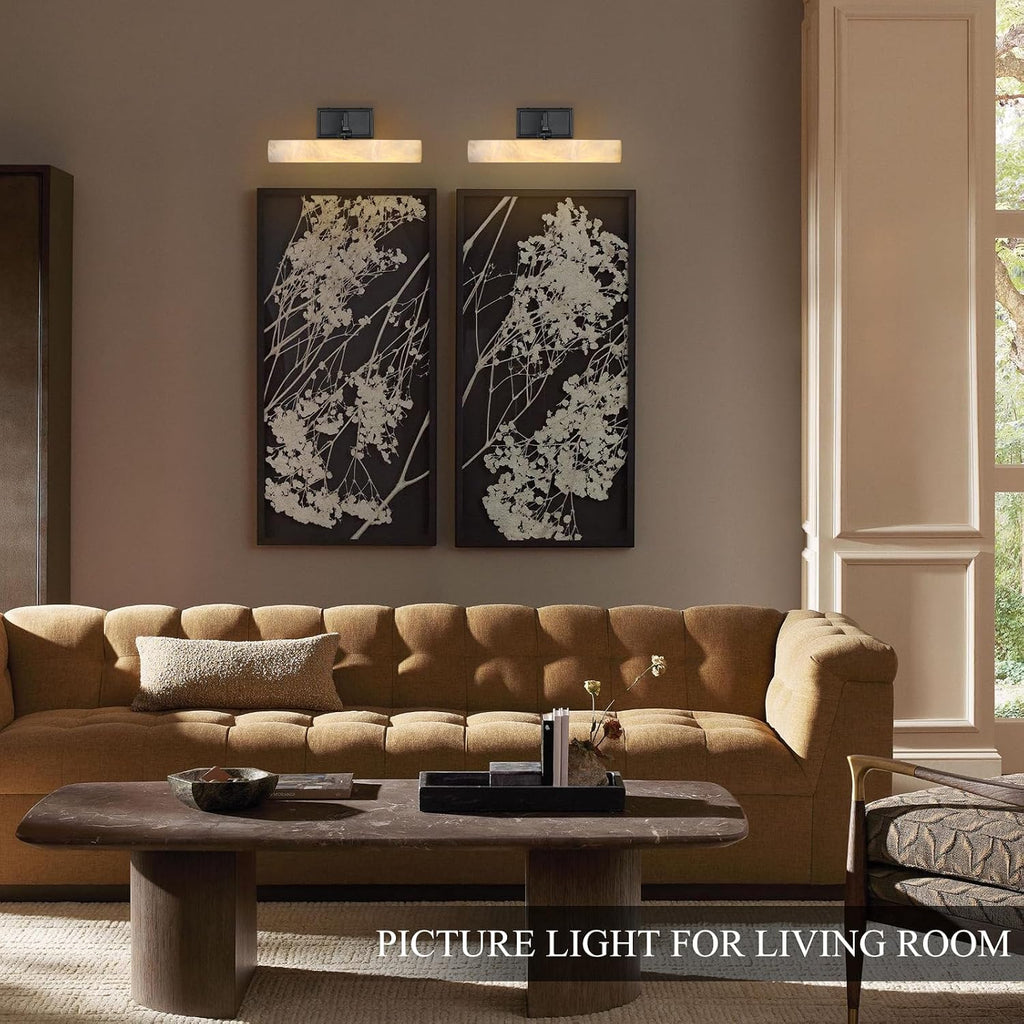 Alabaster Picture Light Hardwired, 12' Matte Black Art Light for Wall & Paintings, Real Spanish Marble Picture Frame Light, Dimmable LED Gallery Lighting, Bathroom Vanity Light Accent for Mirror Use