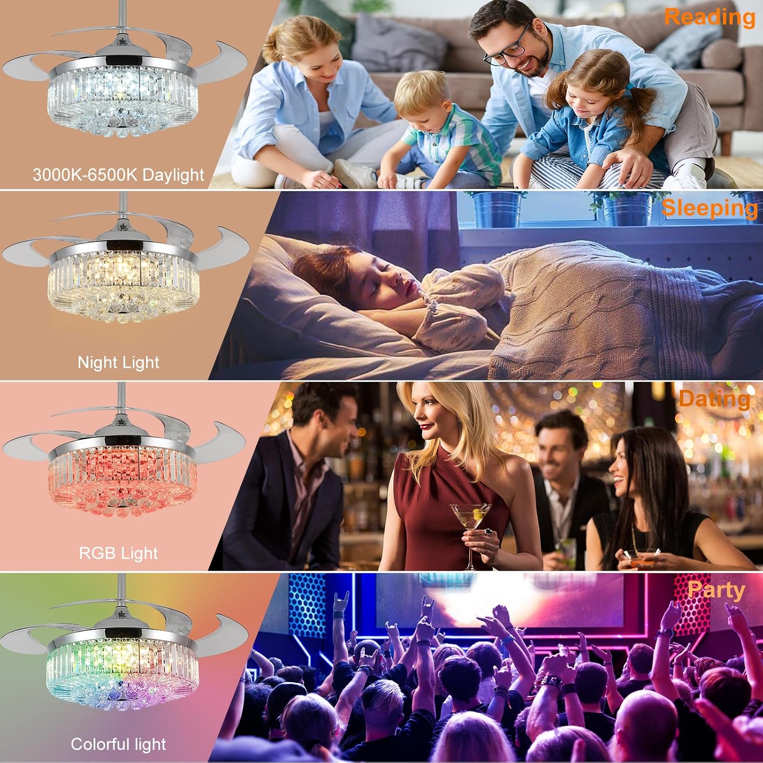 48' Fandelier Ceiling Fan with Light,Silver Retractable Ceiling Fans with Remote Control,RGB Chandelier Ceiling Fan with 6-Speed Reversible Blades,APP Control