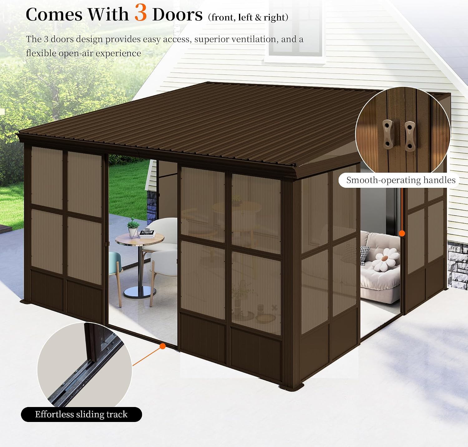 Domi 12x14FT Sunroom, Wall Mounted Sunroom Kit with Galvanized Steel Sloping Roof, Outdoor Sunroom Gazebo with Detachable PC Screen, 3 Sliding Double Doors, Lean to Sun Room for Patio, Deck