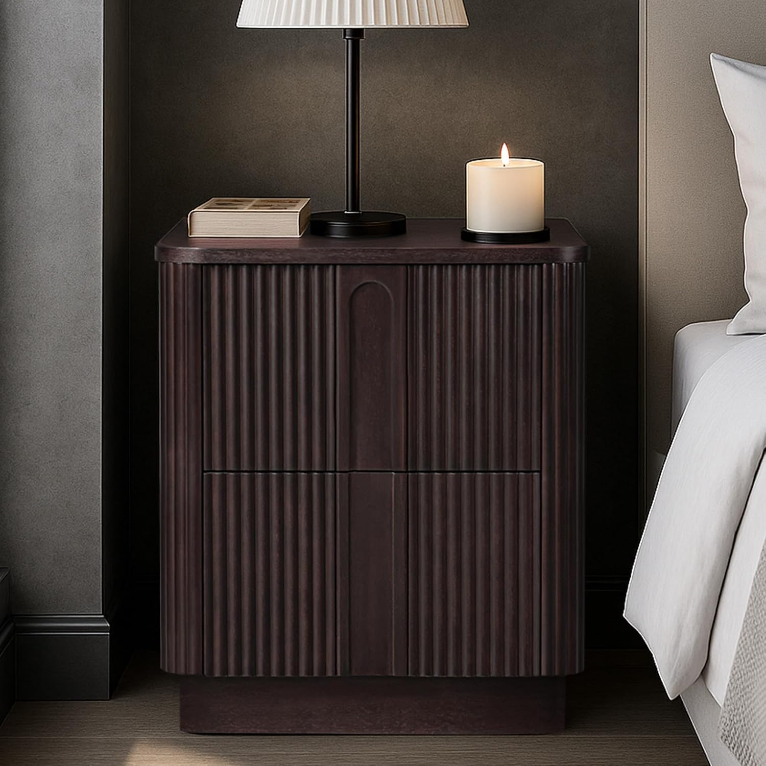 Teamson Home 20'' W Modern Storage 2-Drawer Push to Open Nightstand with Solid Wood Frame, Bedside Table Bedroom Furniture with Reeding Pattern in Scandinavian Style, Espresso