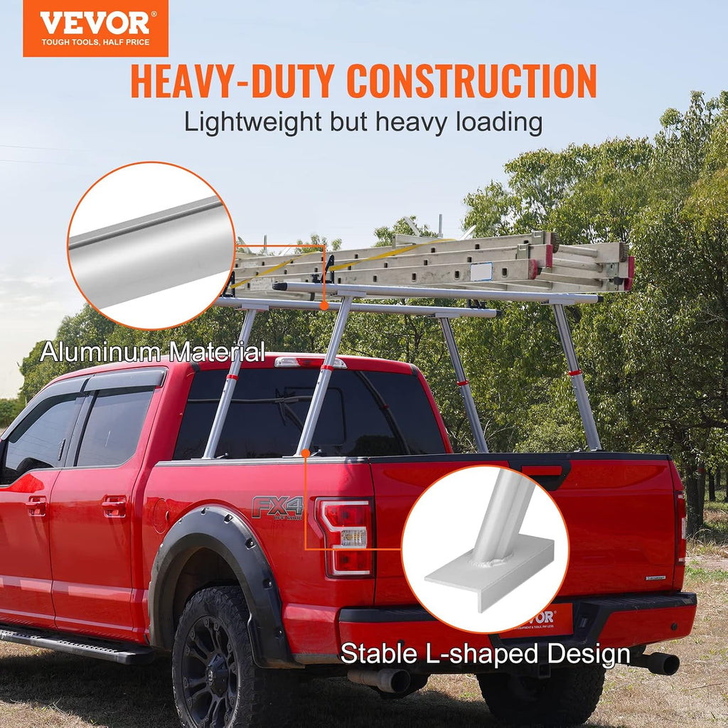 VEVOR Truck Rack with 8 Non-Drilling C-Clamps, 19-34in Adjustable Height Aluminum Ladder Rack for Truck, 800 lbs Capacity Heavy Duty Truck Bed Rack Two-Bar Set for Kayak, Surfboard, Lumber, Ladder