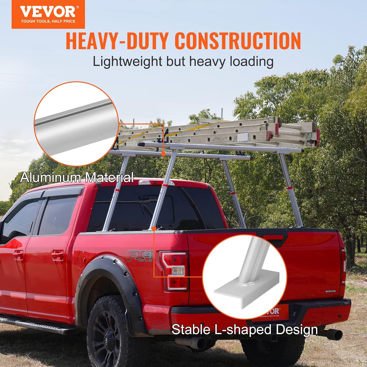 VEVOR Truck Rack with 8 Non-Drilling C-Clamps, 19-34in Adjustable Height Aluminum Ladder Rack for Truck, 800 lbs Capacity Heavy Duty Truck Bed Rack Two-Bar Set for Kayak, Surfboard, Lumber, Ladder