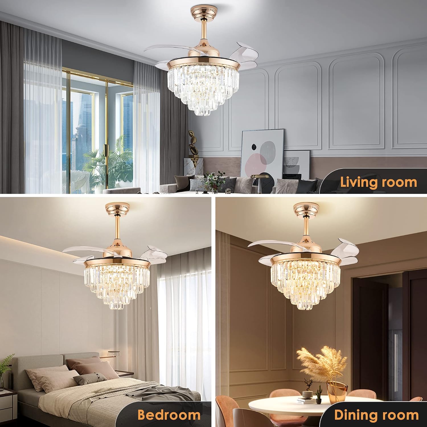 Finktonglan 36' Gold Crystal Flush Mount Fandelier Ceiling Fan with Light, Retractable Blades, Dimmable 72W LED, Remote & App Control, Quiet Reversible Motor, 6 Speeds for Bedroom/Living Room