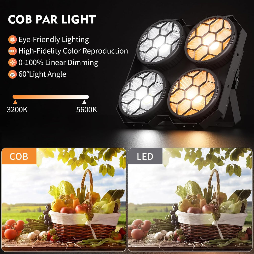 4 x 100W COB LED Stage Lights, 2 in 1 Warm/Cool White Par Can Retro Pixel Control Light, DMX/Master-Slave/Sound Activated Spotlights for Church Events Party Wedding Club Studio 1Pack