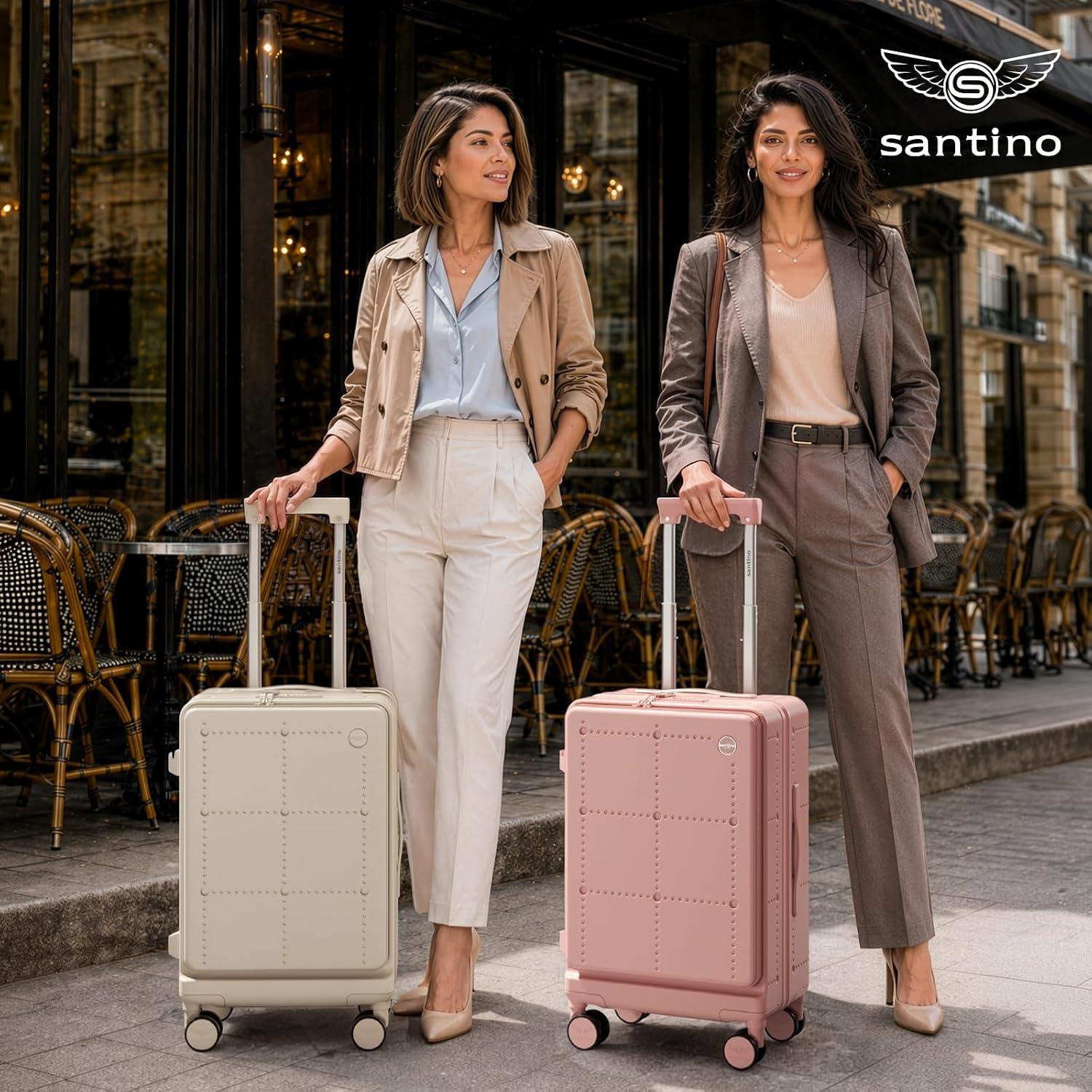 Santino Carry On Luggage 22x14x9 Airline Approved 20 Inch baggage pc Hard Shell Suitcase with Spinner Wheels TSA Lock with USB Port and Cup Holder and phone holder Top Opening Suitcase
