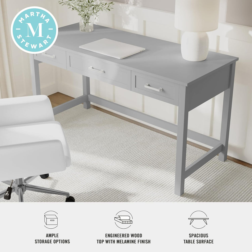 Martha Stewart Hutton Shaker Style Home Office Desk with 3 Drawers in Gray with Brushed Nickel Hardware