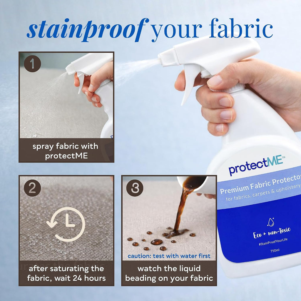 protectME Fabric Protector and Stain Resistant Spray - Upholstery Fabric Spray for Stain Guard for Carpet, Shoes, Couch, Sofa - Non Toxic Water Based Furniture Protector - 84.5 Fl. Oz. +Sprayer